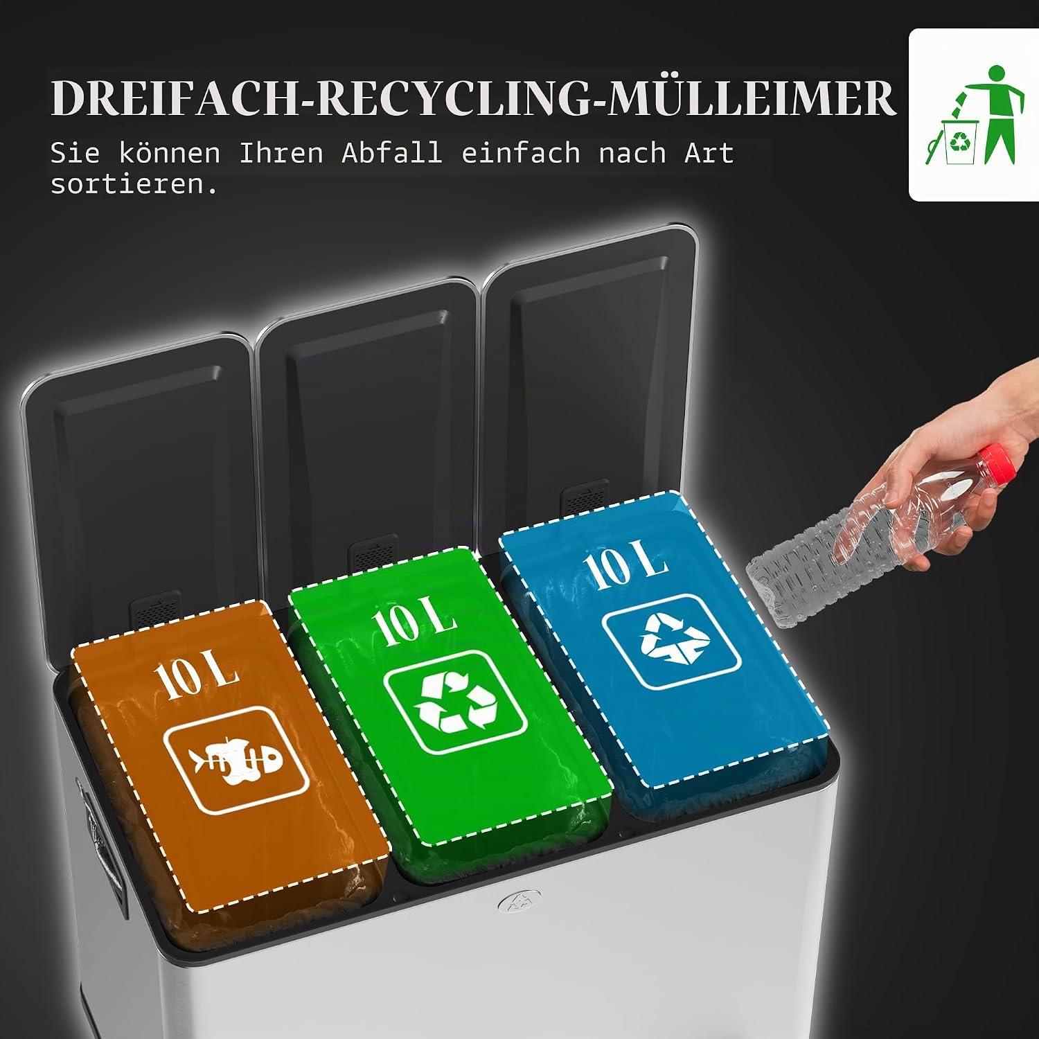 HOMCOM Küchenabfalleimer 3 x 10 l, Abfalltrennsystem aus Edelstahl, 3 Fächer, Pedal, herausnehmbare Inneneimer, sanft schließender Deckel und Griffe, silberfarben, fingerabdruckfrei — Ansicht 3