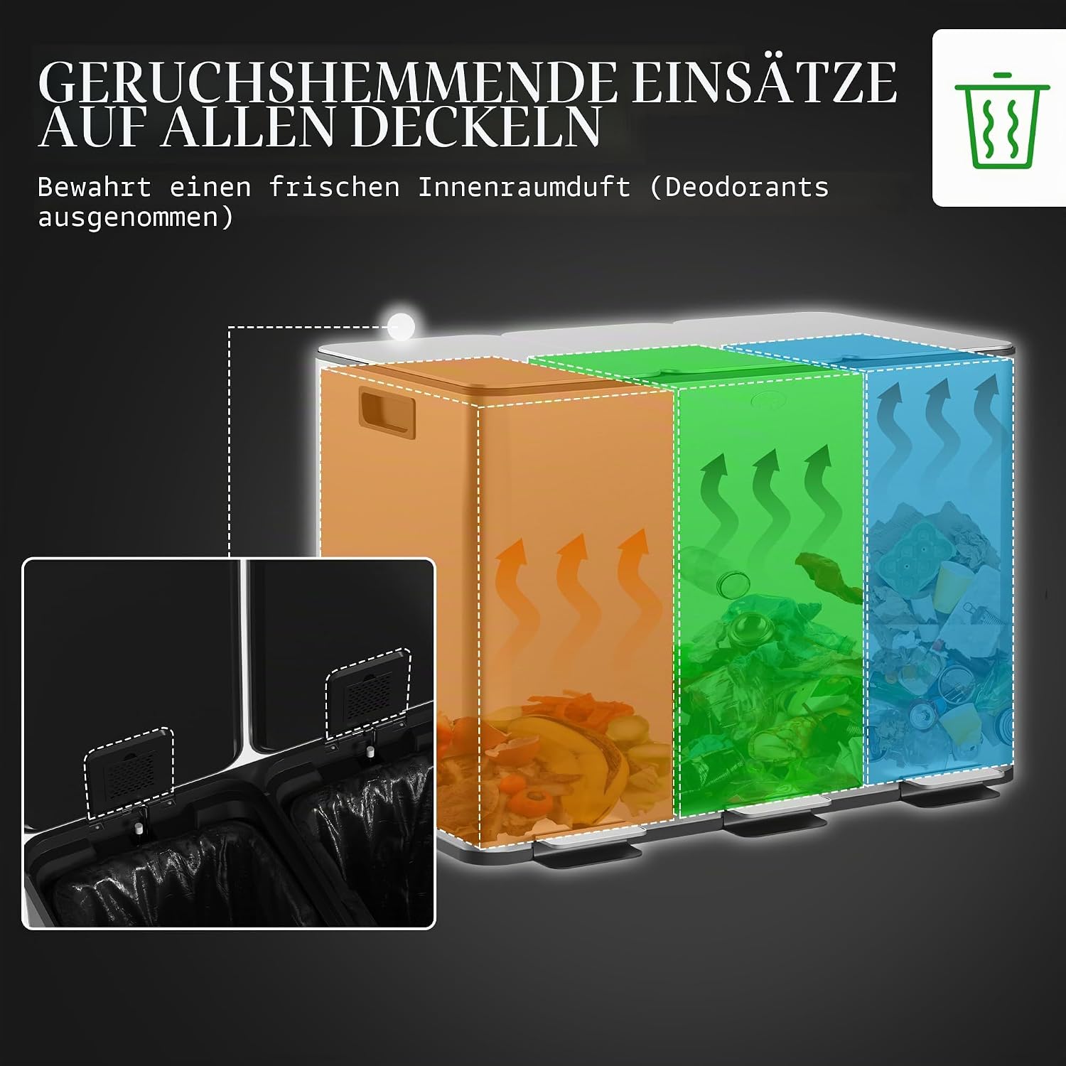 HOMCOM Küchenabfalleimer 3 x 10 l, Abfalltrennsystem aus Edelstahl, 3 Fächer, Pedal, herausnehmbare Inneneimer, sanft schließender Deckel und Griffe, silberfarben, fingerabdruckfrei — Ansicht 4
