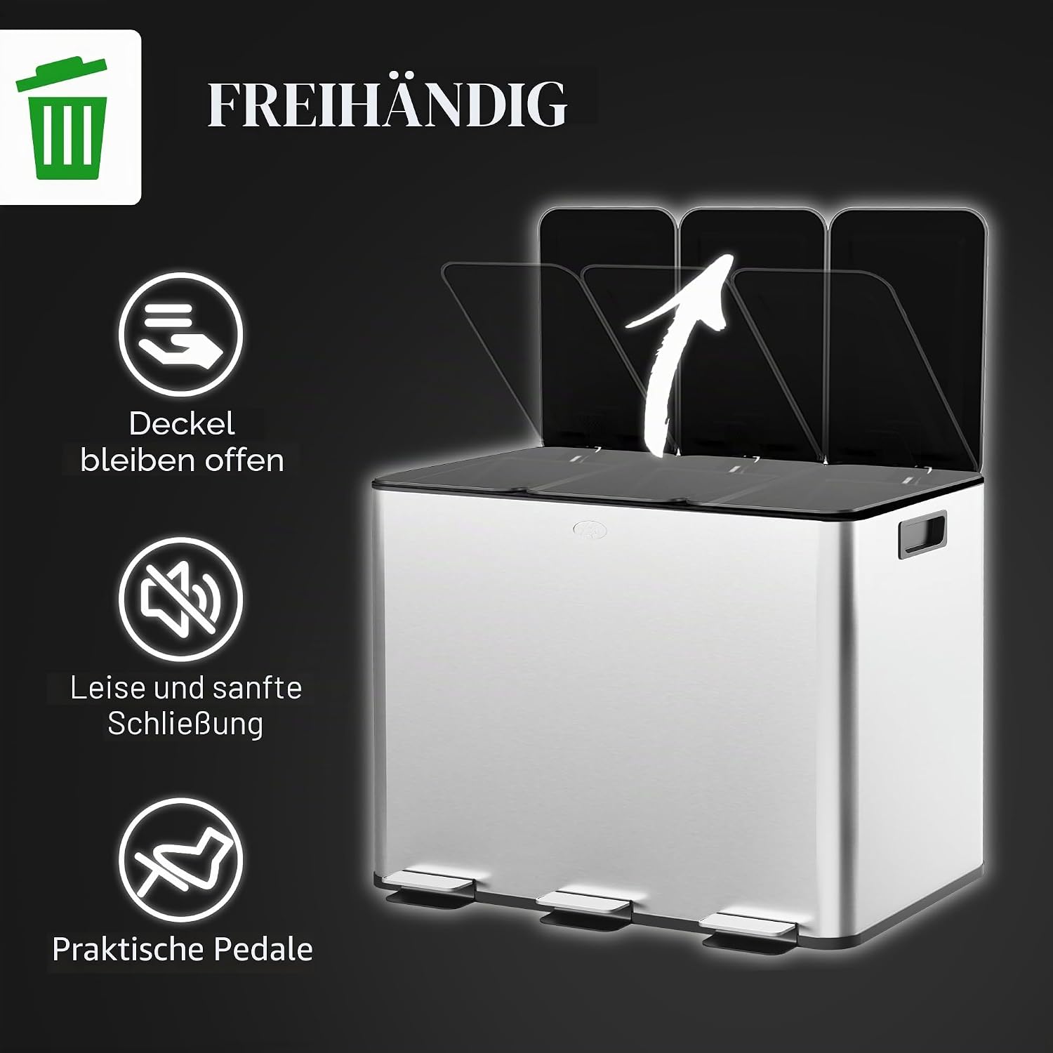 HOMCOM Küchenabfalleimer 3 x 10 l, Abfalltrennsystem aus Edelstahl, 3 Fächer, Pedal, herausnehmbare Inneneimer, sanft schließender Deckel und Griffe, silberfarben, fingerabdruckfrei — Ansicht 5