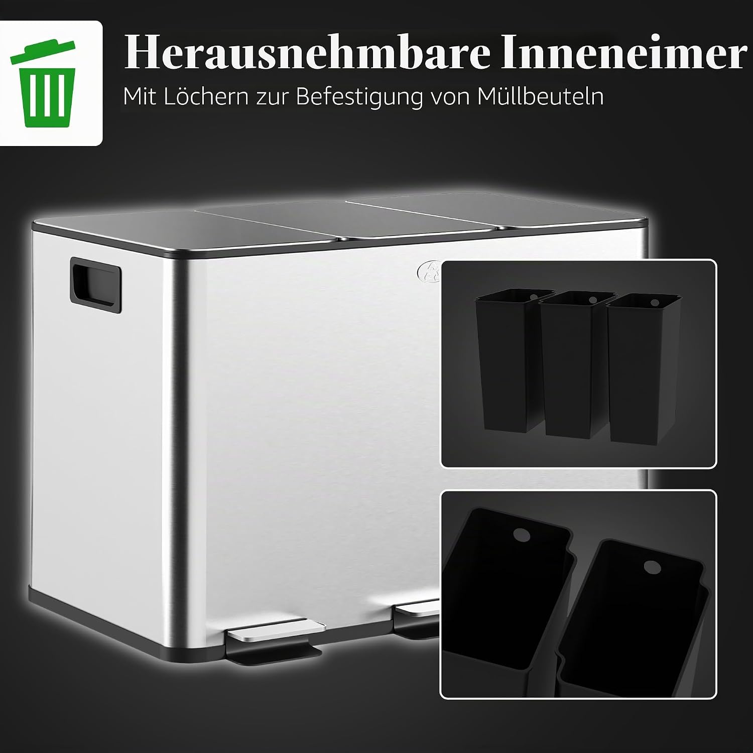 HOMCOM Küchenabfalleimer 3 x 10 l, Abfalltrennsystem aus Edelstahl, 3 Fächer, Pedal, herausnehmbare Inneneimer, sanft schließender Deckel und Griffe, silberfarben, fingerabdruckfrei — Ansicht 6