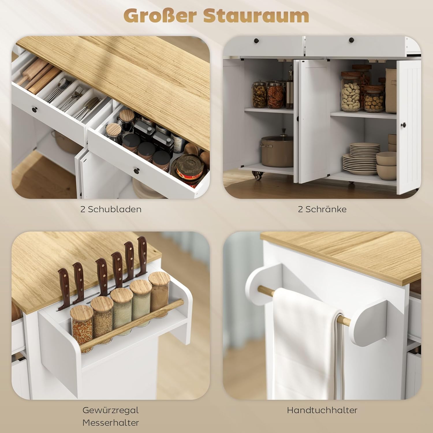 HOMCOM Kücheninsel Küchenwagen auf Rollen mit 2 Schubladen, 2 Schränke, Rollbar 120 x 43 cm Küchenschrank mit Gewürzregal, Handtuchhalter, Messerhalter, Servierwagen Weiß — Ansicht 3