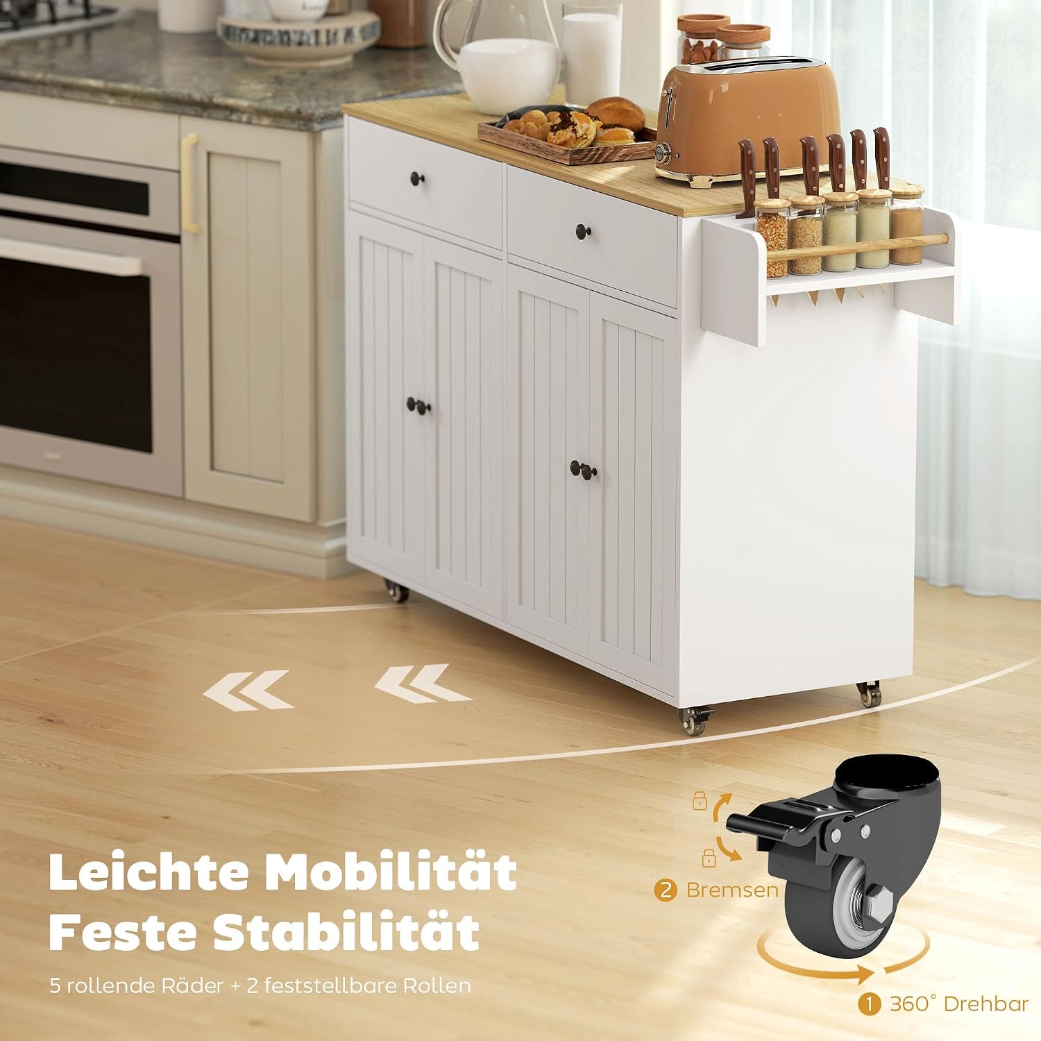 HOMCOM Kücheninsel Küchenwagen auf Rollen mit 2 Schubladen, 2 Schränke, Rollbar 120 x 43 cm Küchenschrank mit Gewürzregal, Handtuchhalter, Messerhalter, Servierwagen Weiß — Ansicht 4