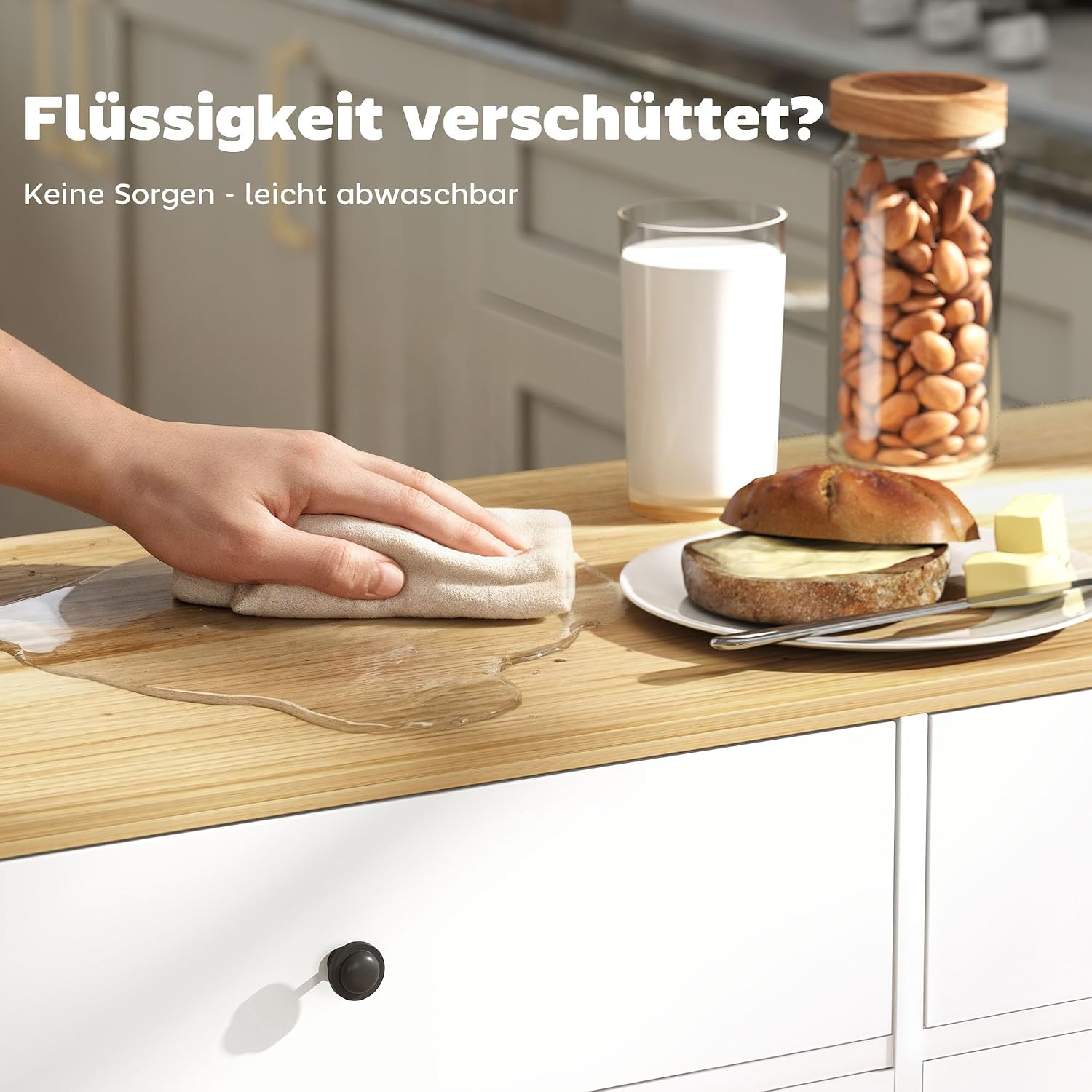 HOMCOM Kücheninsel Küchenwagen auf Rollen mit 2 Schubladen, 2 Schränke, Rollbar 120 x 43 cm Küchenschrank mit Gewürzregal, Handtuchhalter, Messerhalter, Servierwagen Weiß — Ansicht 5