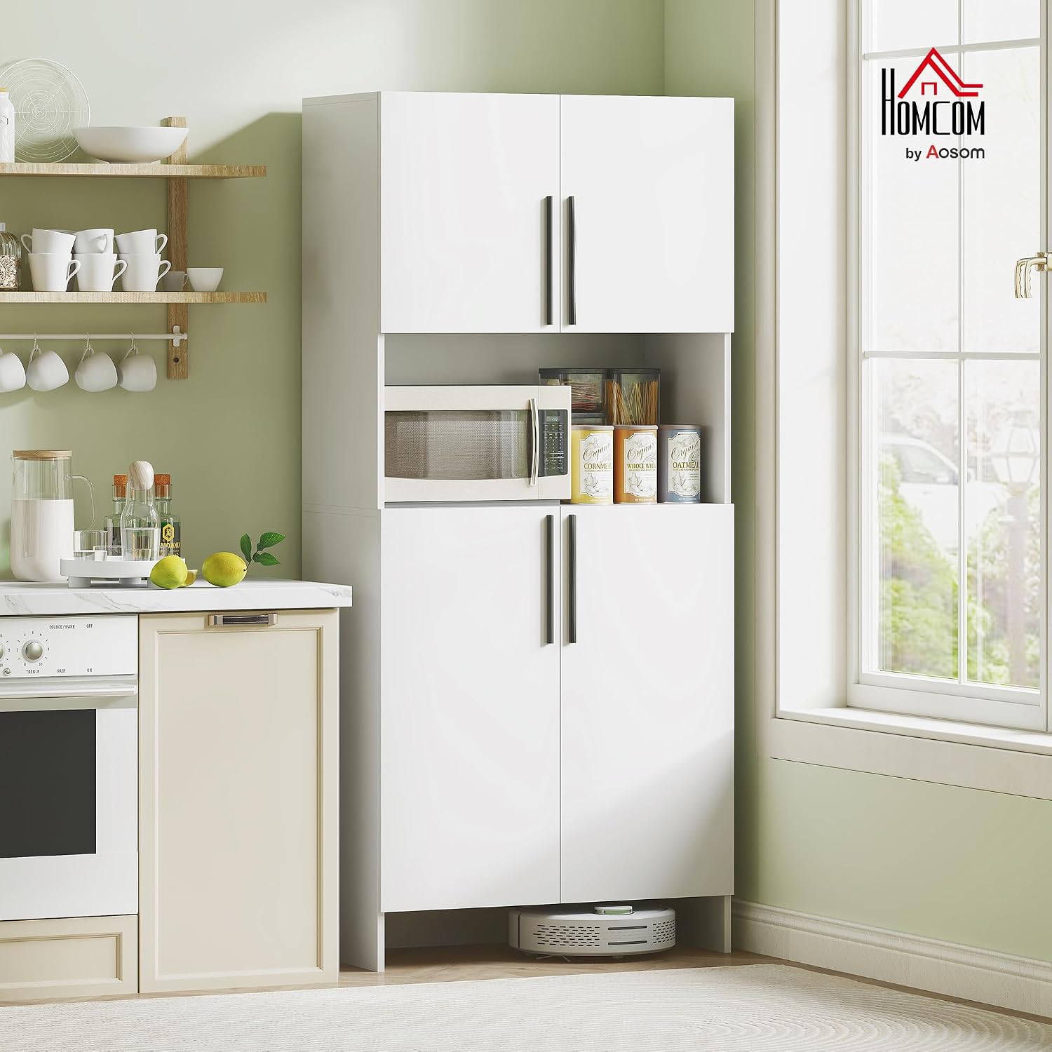 HOMCOM Küchenschrank Buffetschrank mit Arbeitsplatte, 2 Türen, 2 Schränken, Hochschrank mit geräuschlosen Scharnieren, Mikrowellenschrank mit Modernem Design, 79x40x175cm, Weiß — Ansicht 2