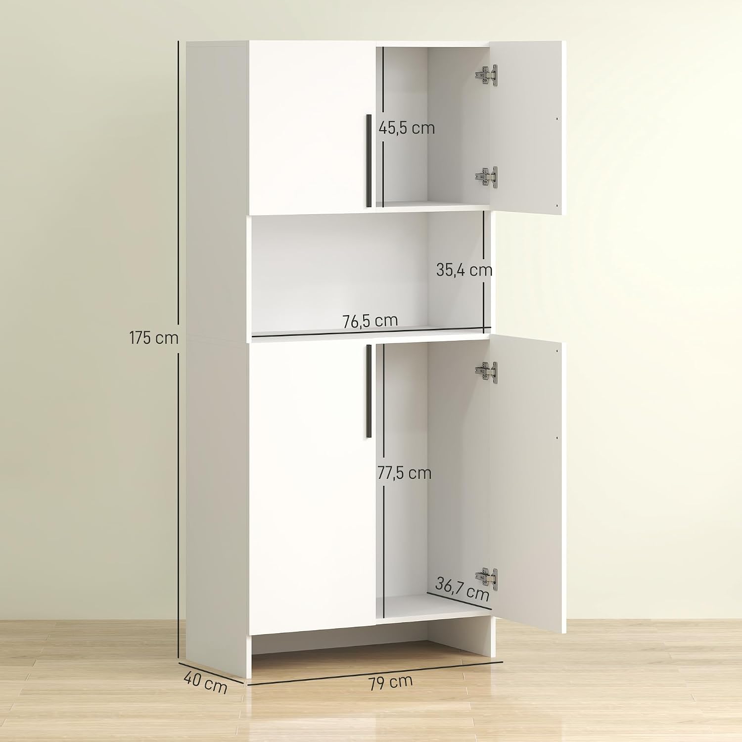 HOMCOM Küchenschrank Buffetschrank mit Arbeitsplatte, 2 Türen, 2 Schränken, Hochschrank mit geräuschlosen Scharnieren, Mikrowellenschrank mit Modernem Design, 79x40x175cm, Weiß — Ansicht 3