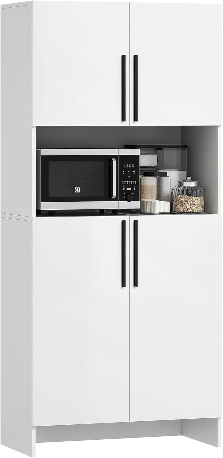 HOMCOM Küchenschrank Buffetschrank mit Arbeitsplatte, 2 Türen, 2 Schränken, Hochschrank mit geräuschlosen Scharnieren, Mikrowellenschrank mit Modernem Design, 79x40x175cm, Weiß