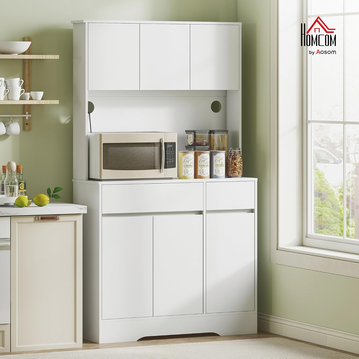 HOMCOM Küchenschrank Buffetschrank mit Arbeitsplatte, 6 Türen, Hochschrank mit Verstellbaren Einlegeböden, Kabellöchern, Mikrowellenschrank Moderner Vorratsschrank, Weiß, 100 x 38 x 180 cm — Ansicht 2