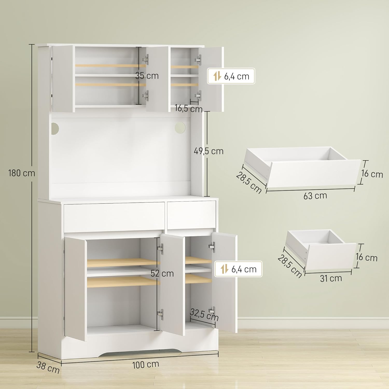 HOMCOM Küchenschrank Buffetschrank mit Arbeitsplatte, 6 Türen, Hochschrank mit Verstellbaren Einlegeböden, Kabellöchern, Mikrowellenschrank Moderner Vorratsschrank, Weiß, 100 x 38 x 180 cm — Ansicht 3