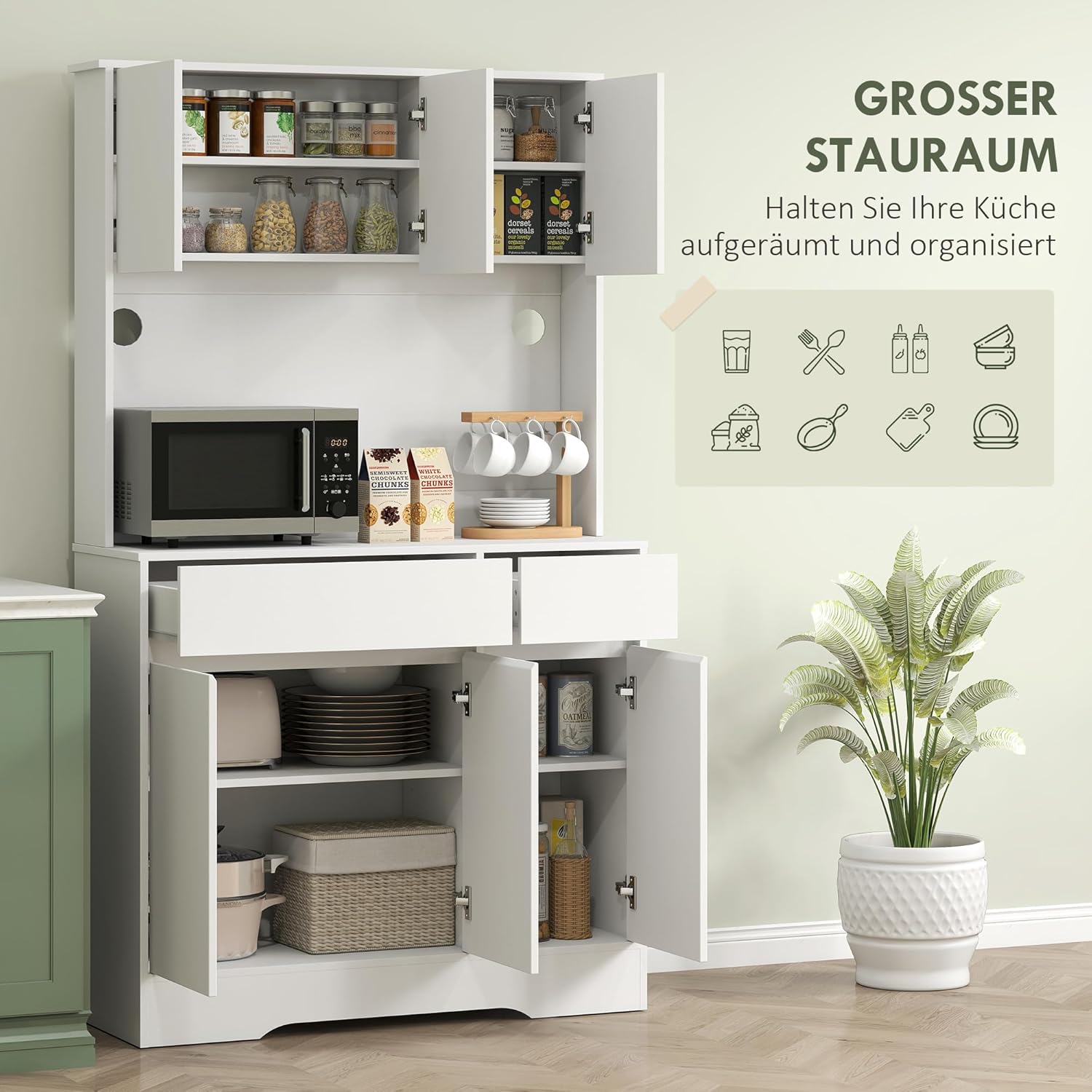 HOMCOM Küchenschrank Buffetschrank mit Arbeitsplatte, 6 Türen, Hochschrank mit Verstellbaren Einlegeböden, Kabellöchern, Mikrowellenschrank Moderner Vorratsschrank, Weiß, 100 x 38 x 180 cm — Ansicht 4
