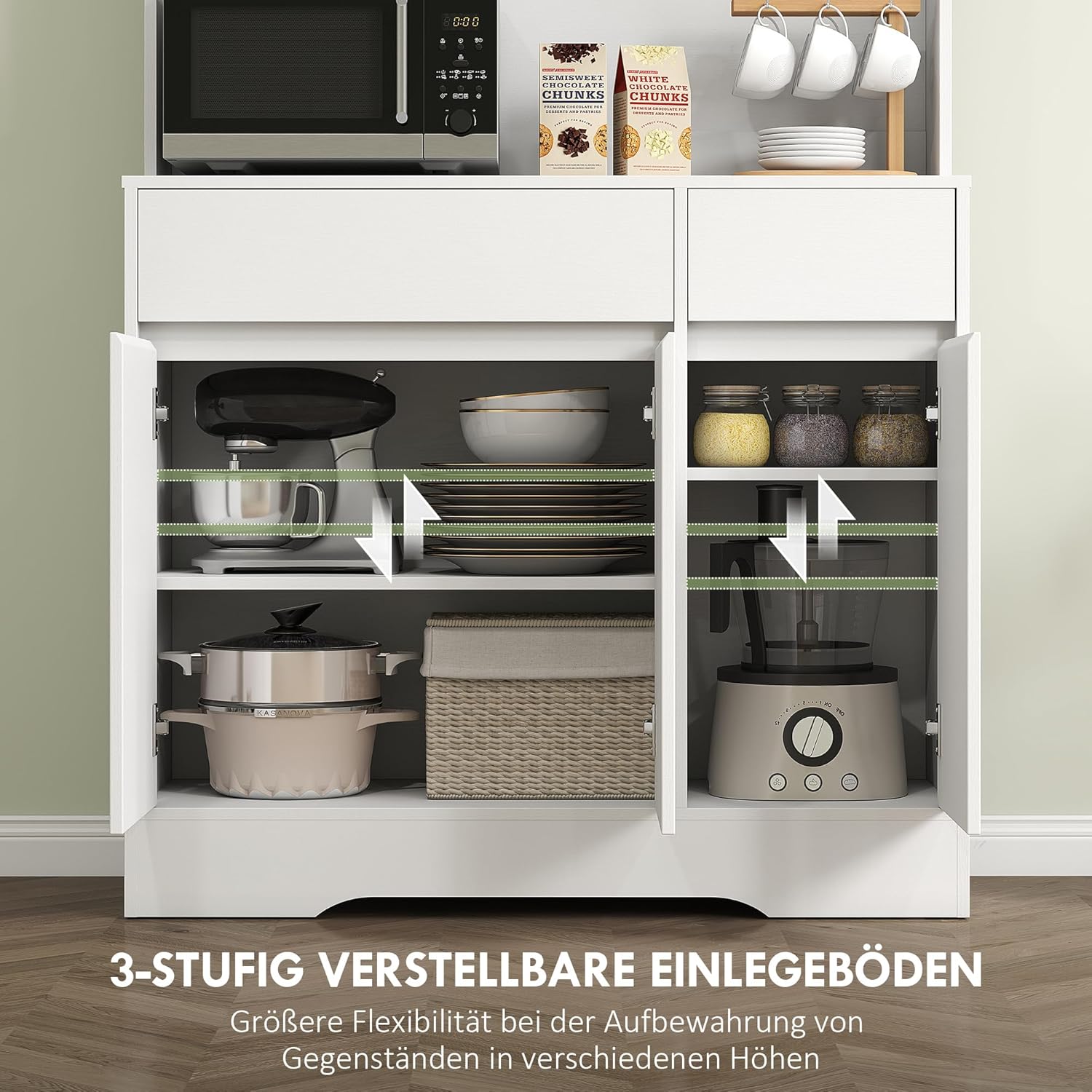 HOMCOM Küchenschrank Buffetschrank mit Arbeitsplatte, 6 Türen, Hochschrank mit Verstellbaren Einlegeböden, Kabellöchern, Mikrowellenschrank Moderner Vorratsschrank, Weiß, 100 x 38 x 180 cm — Ansicht 5