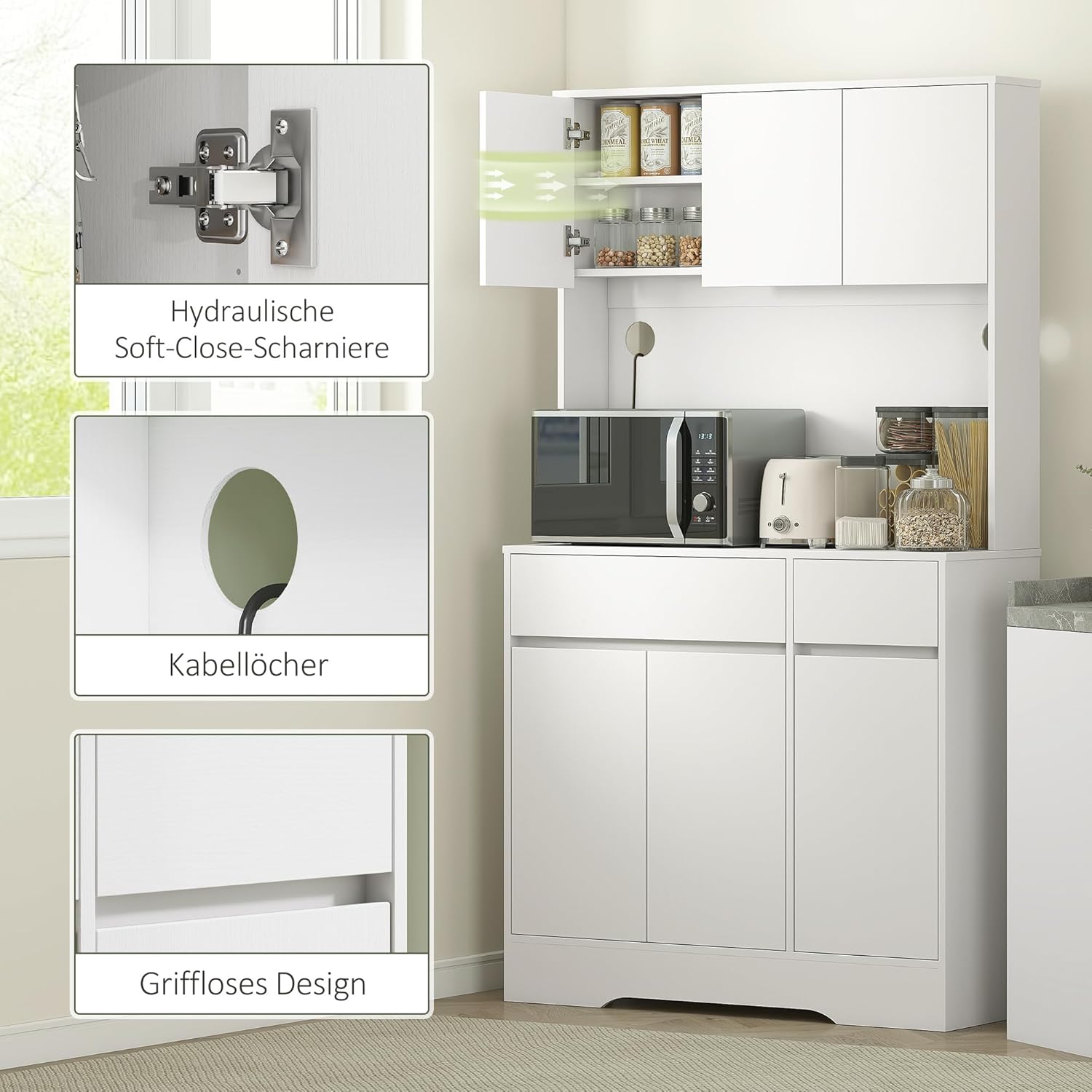 HOMCOM Küchenschrank Buffetschrank mit Arbeitsplatte, 6 Türen, Hochschrank mit Verstellbaren Einlegeböden, Kabellöchern, Mikrowellenschrank Moderner Vorratsschrank, Weiß, 100 x 38 x 180 cm — Ansicht 6