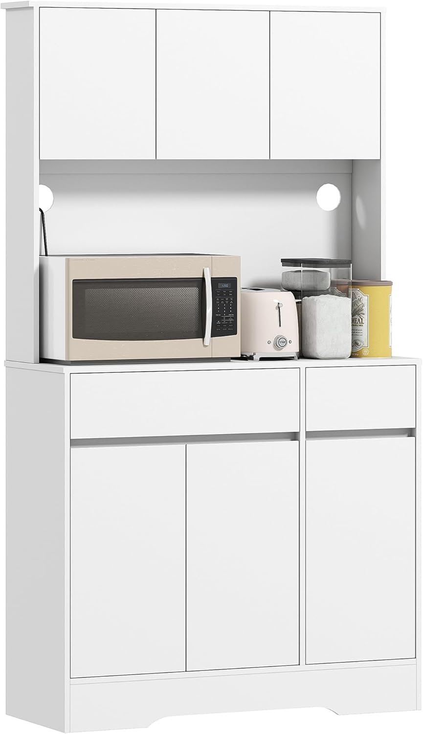 HOMCOM Küchenschrank Buffetschrank mit Arbeitsplatte, 6 Türen, Hochschrank mit Verstellbaren Einlegeböden, Kabellöchern, Mikrowellenschrank Moderner Vorratsschrank, Weiß, 100 x 38 x 180 cm