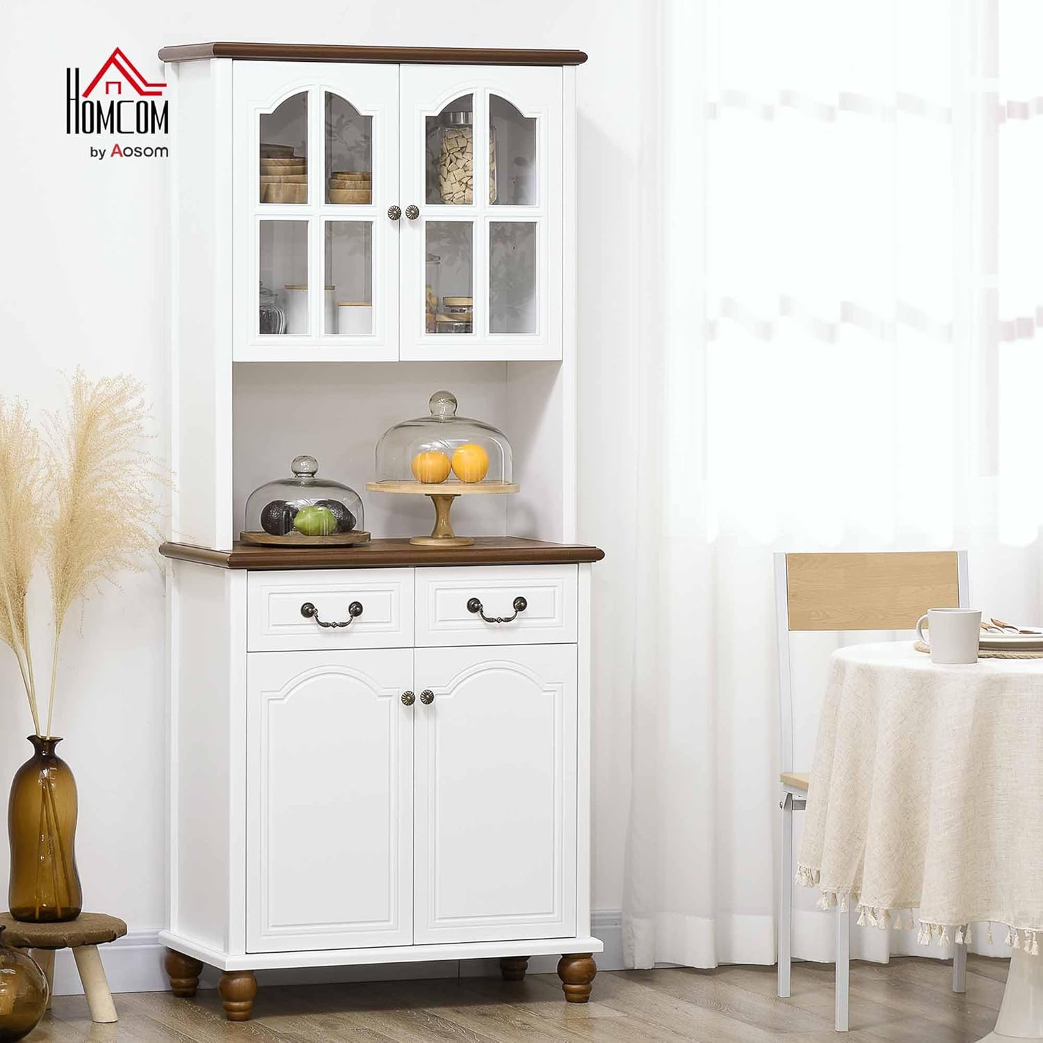 HOMCOM Küchenschrank Hochschrank mit Arbeitsplatte, 4 Türen und 2 Schubladen Buffetschrank Mikrowellenschrank mit Verstellbaren Ablagen, Soft-Close-Funktion, Weiß, 76 x 38 x 182 cm — Ansicht 2