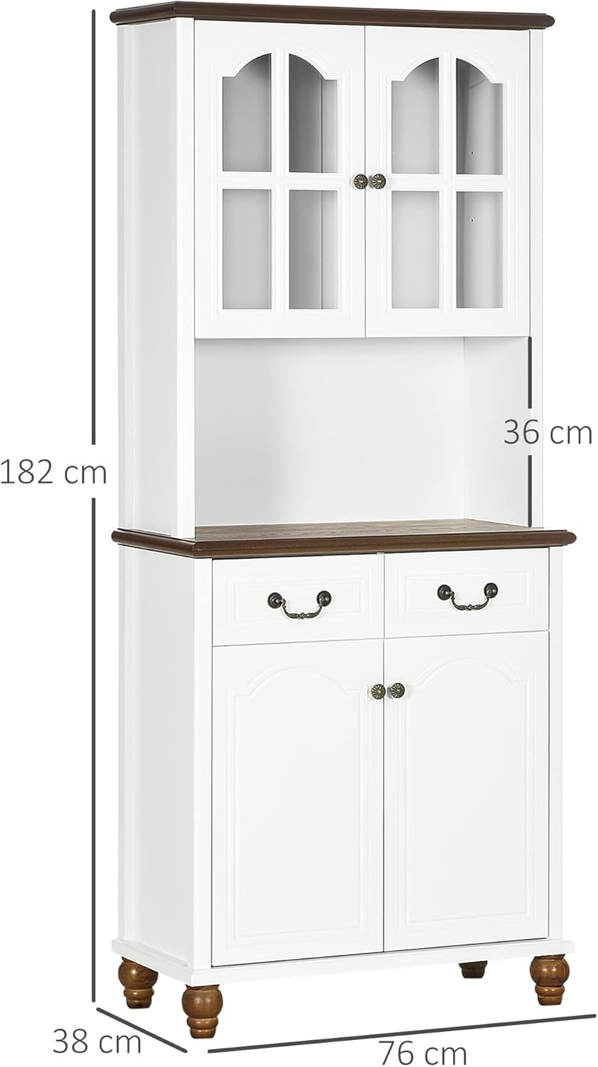 HOMCOM Küchenschrank Hochschrank mit Arbeitsplatte, 4 Türen und 2 Schubladen Buffetschrank Mikrowellenschrank mit Verstellbaren Ablagen, Soft-Close-Funktion, Weiß, 76 x 38 x 182 cm — Ansicht 3