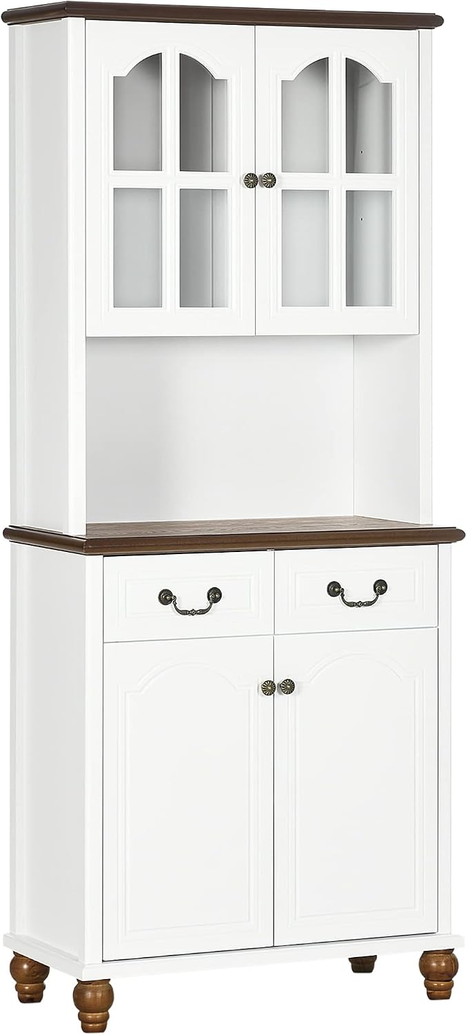 HOMCOM Küchenschrank Hochschrank mit Arbeitsplatte, 4 Türen und 2 Schubladen Buffetschrank Mikrowellenschrank mit Verstellbaren Ablagen, Soft-Close-Funktion, Weiß, 76 x 38 x 182 cm