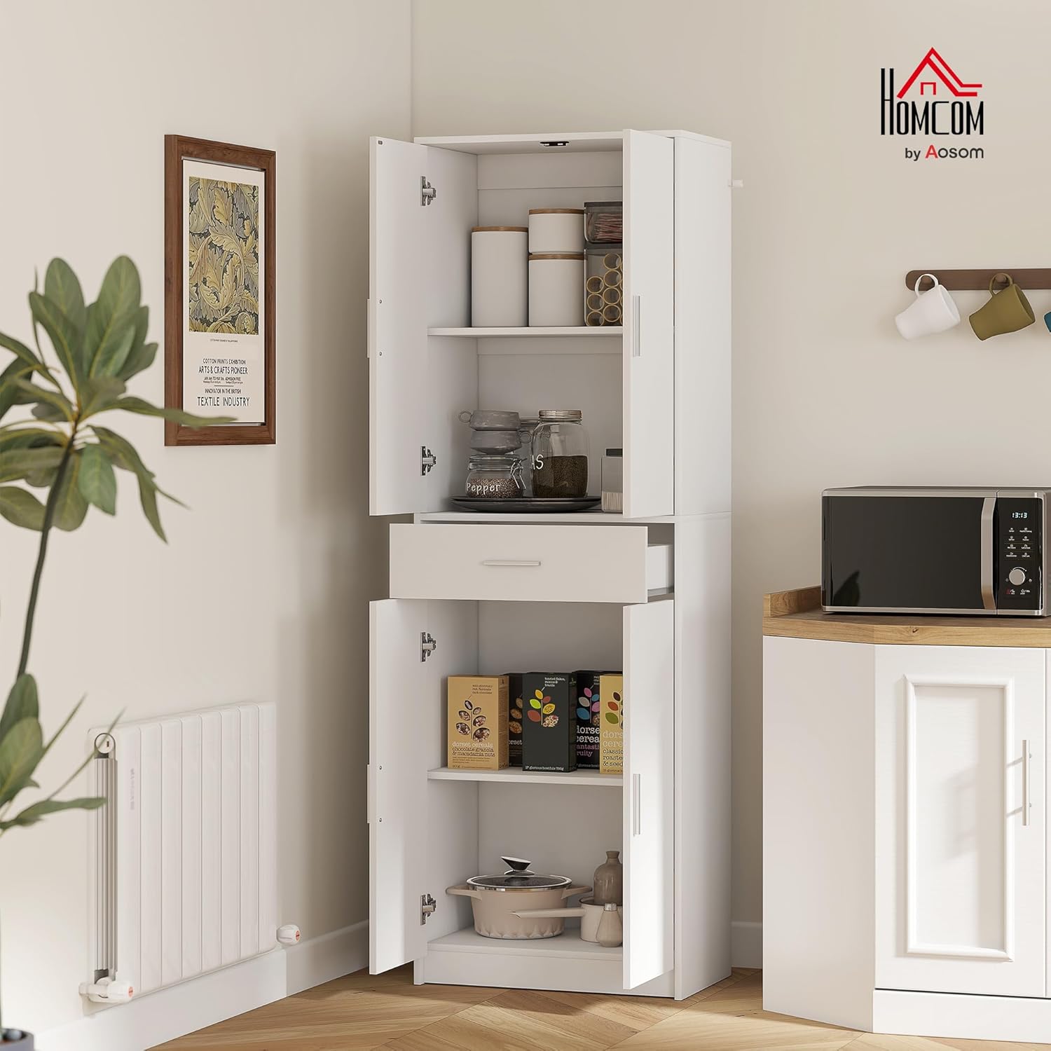 HOMCOM Küchenschrank Hochschrank mit Verstellbaren Einlegeböden, 4 Türen Buffetschrank mit Schublade, Vorratsschrank mit Skandinavischem Design, Weiß 60 x 35 x 180 cm — Ansicht 2