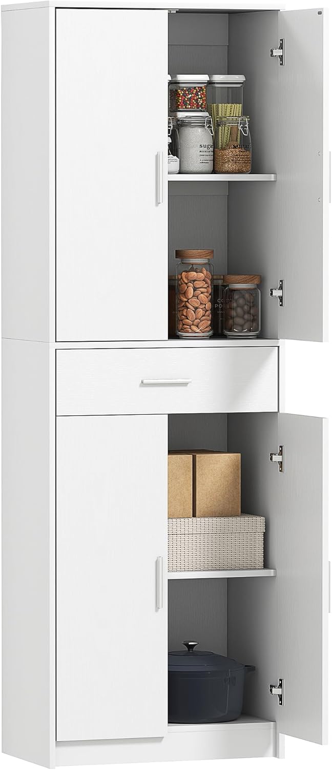 HOMCOM Küchenschrank Hochschrank mit Verstellbaren Einlegeböden, 4 Türen Buffetschrank mit Schublade, Vorratsschrank mit Skandinavischem Design, Weiß 60 x 35 x 180 cm