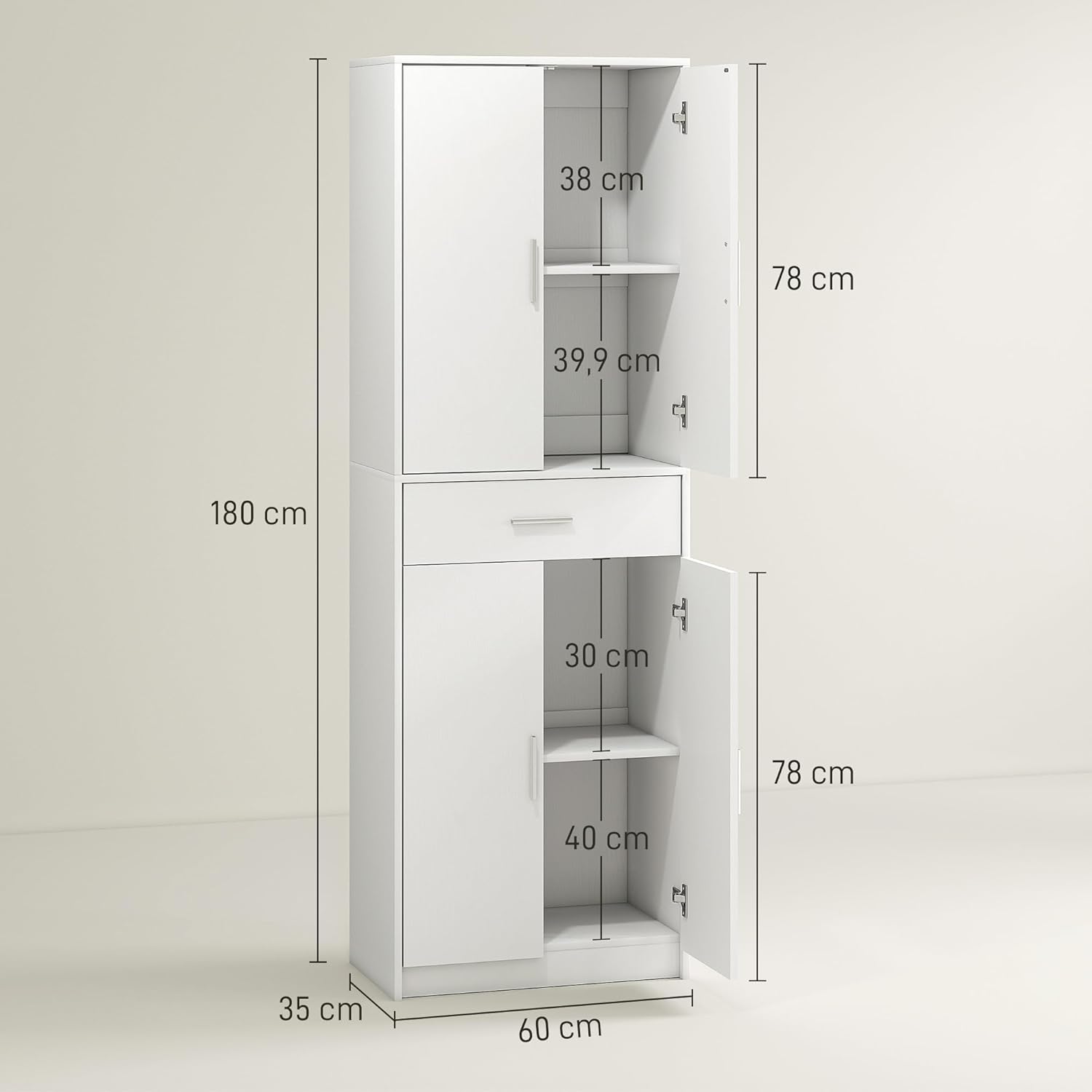 HOMCOM Küchenschrank Hochschrank mit Verstellbaren Einlegeböden, 4 Türen Buffetschrank mit Schublade, Vorratsschrank mit Skandinavischem Design, Weiß 60 x 35 x 180 cm — Ansicht 3