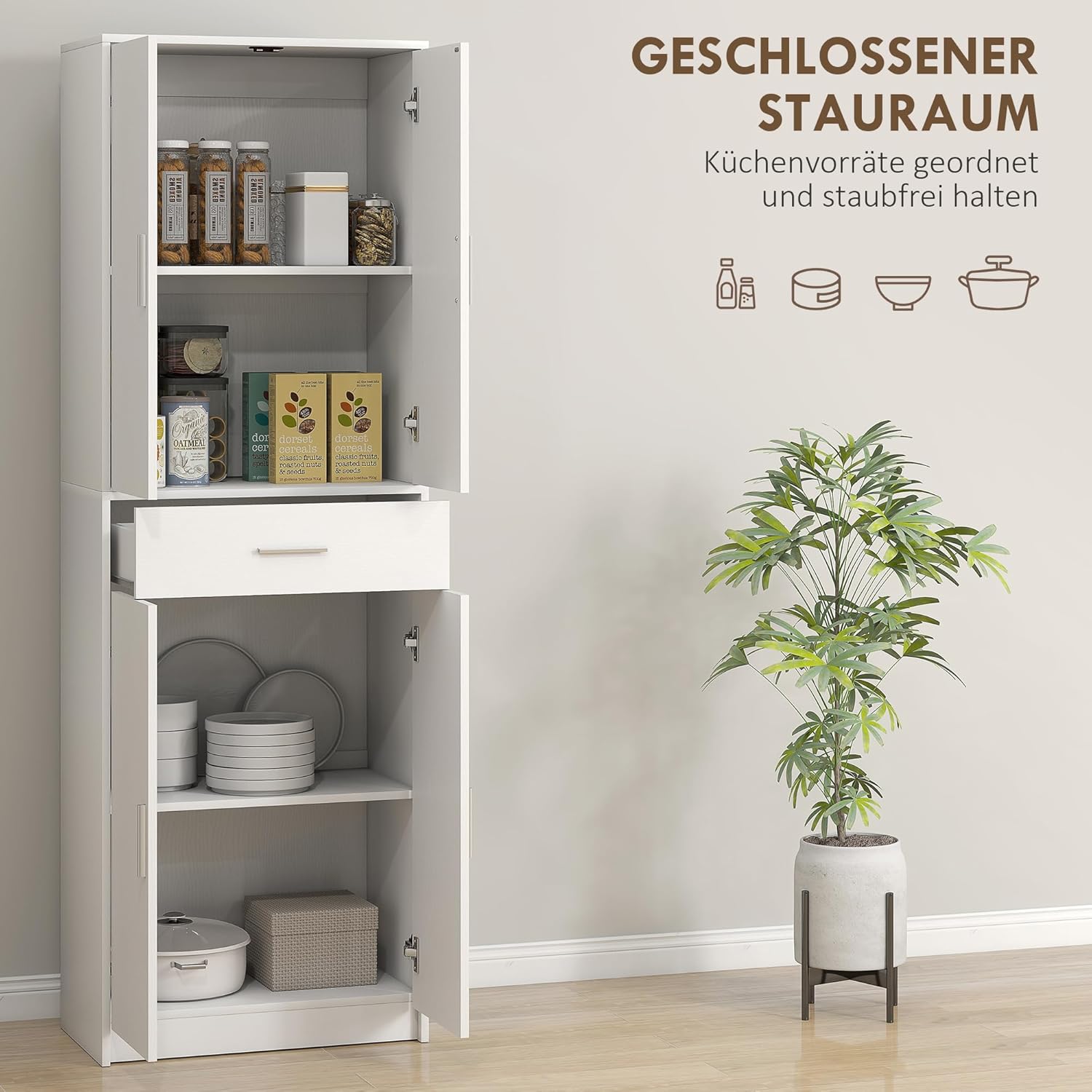 HOMCOM Küchenschrank Hochschrank mit Verstellbaren Einlegeböden, 4 Türen Buffetschrank mit Schublade, Vorratsschrank mit Skandinavischem Design, Weiß 60 x 35 x 180 cm — Ansicht 4
