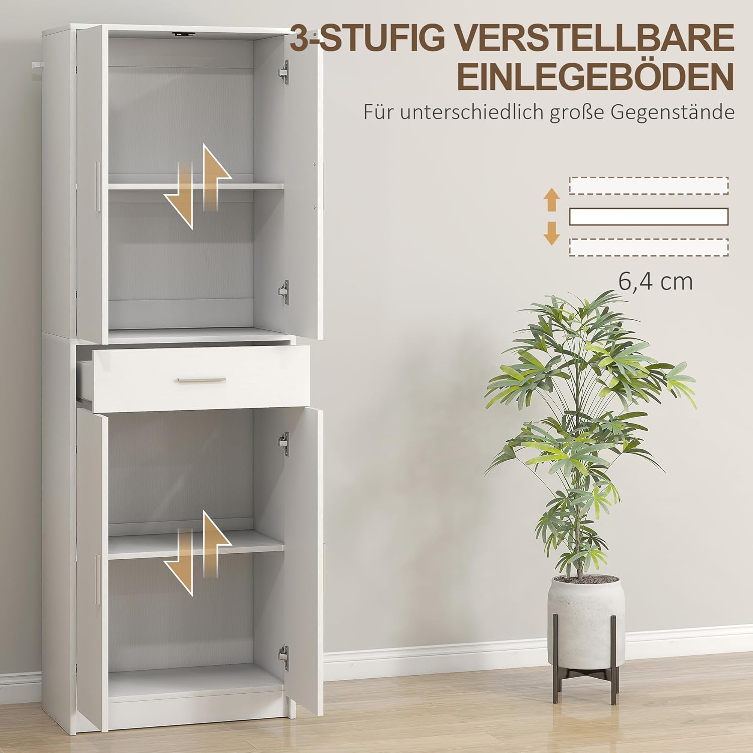 HOMCOM Küchenschrank Hochschrank mit Verstellbaren Einlegeböden, 4 Türen Buffetschrank mit Schublade, Vorratsschrank mit Skandinavischem Design, Weiß 60 x 35 x 180 cm — Ansicht 5