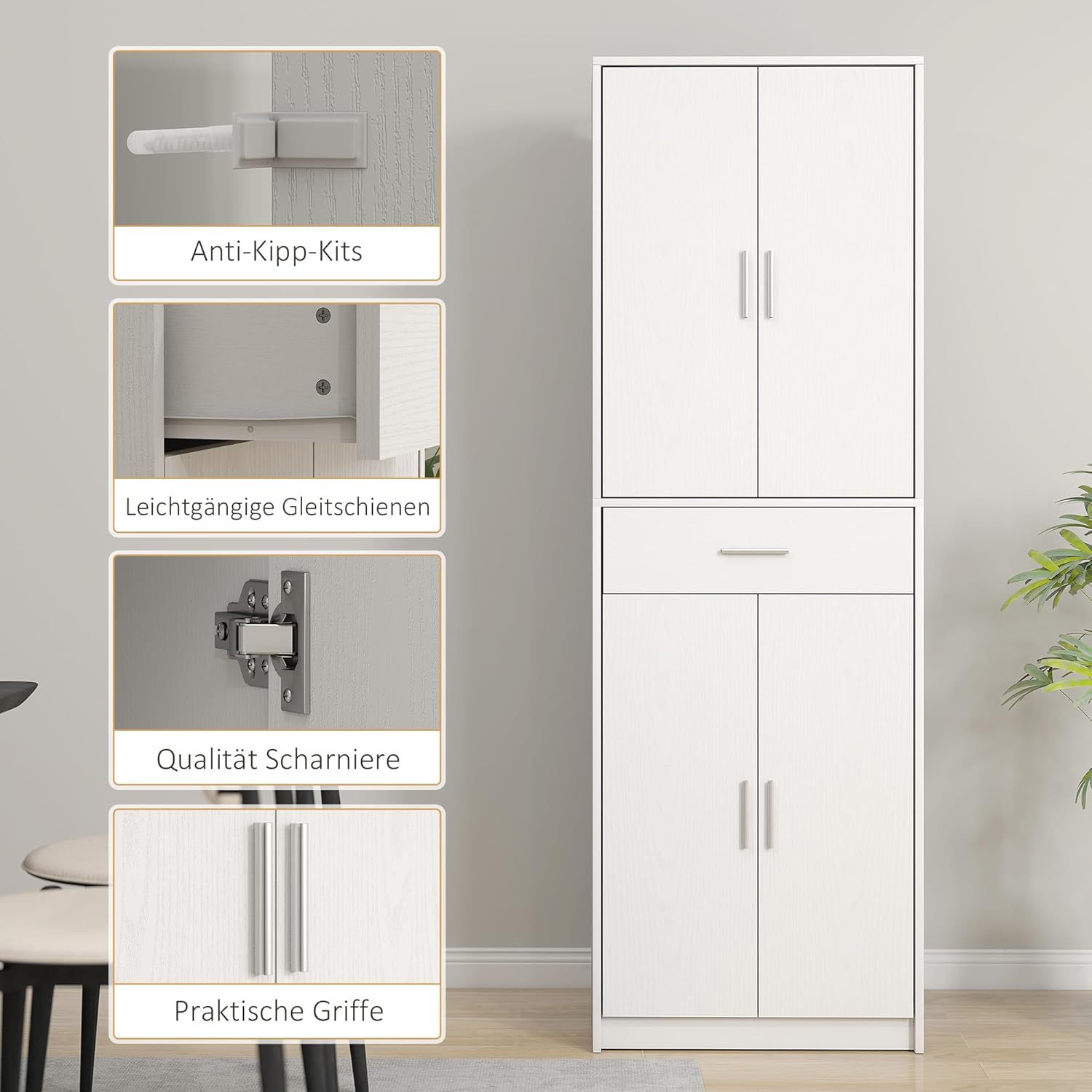 HOMCOM Küchenschrank Hochschrank mit Verstellbaren Einlegeböden, 4 Türen Buffetschrank mit Schublade, Vorratsschrank mit Skandinavischem Design, Weiß 60 x 35 x 180 cm — Ansicht 6