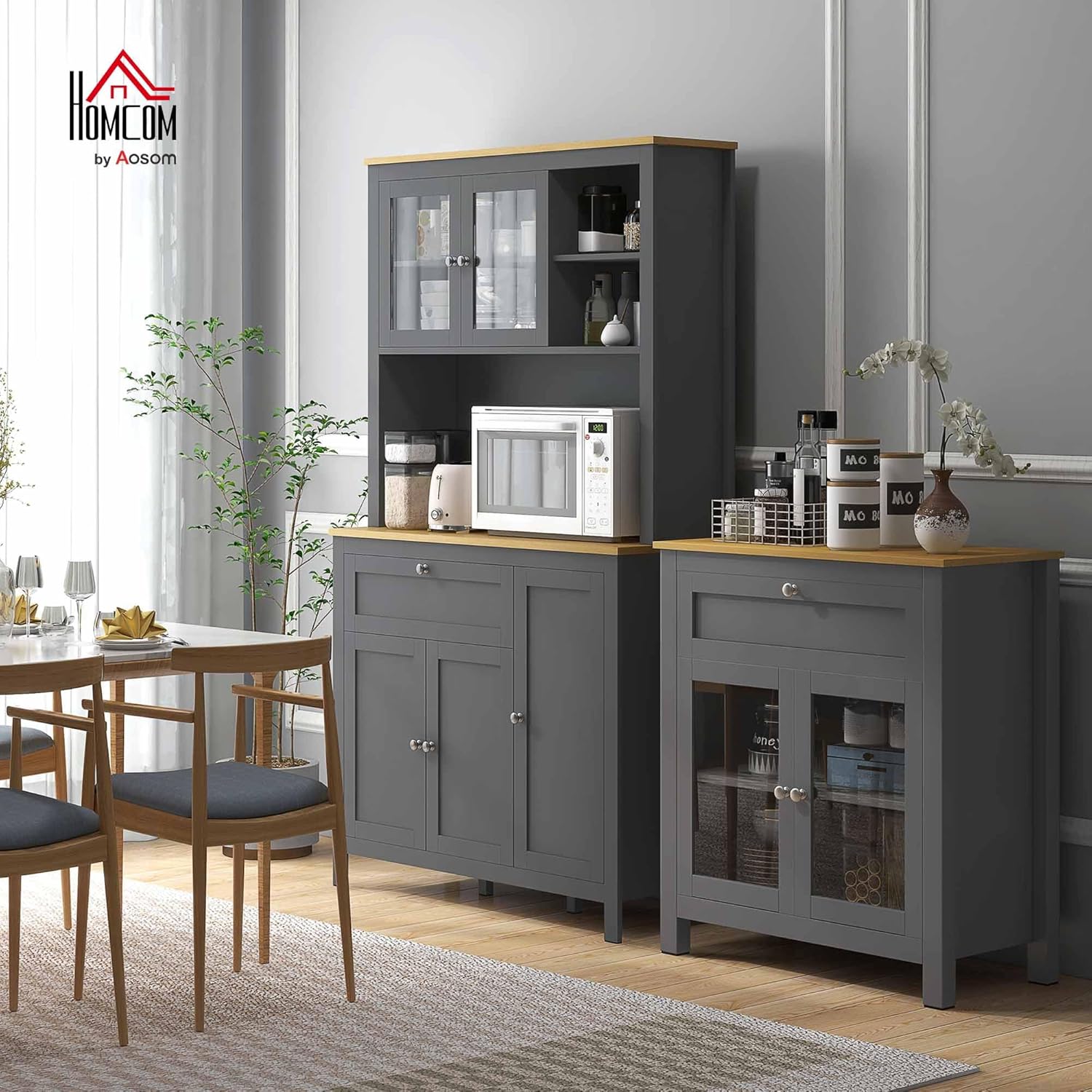 HOMCOM Küchenschrank Küchenbuffet Geschirrschrank Aufbewahrungsmöbel im modernen Stil mit 3 Schränken, Schublade, Nischen, Kabeldurchlass, verstellbaren Regalen und Glastüren, 100 x 40 x 180 cm, grau — Ansicht 2
