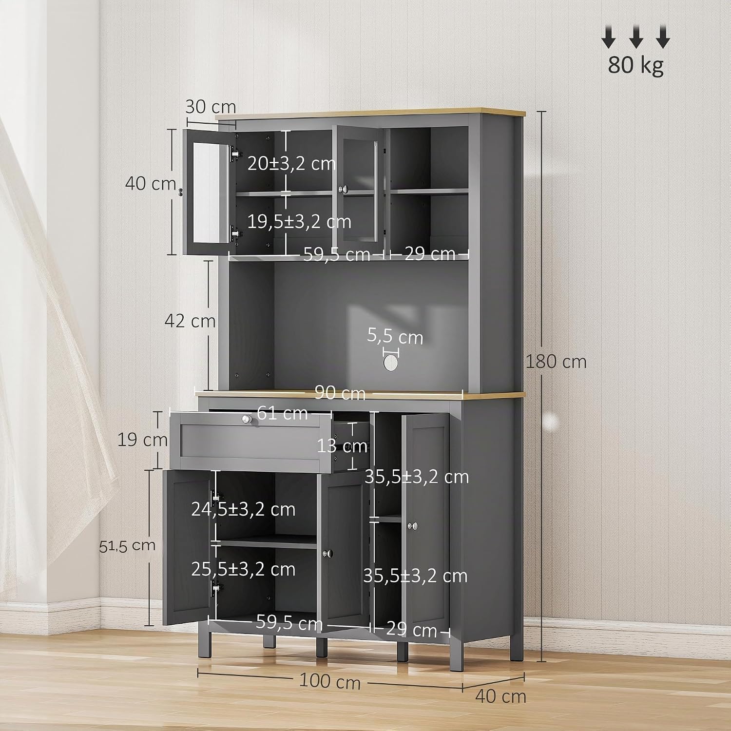 HOMCOM Küchenschrank Küchenbuffet Geschirrschrank Aufbewahrungsmöbel im modernen Stil mit 3 Schränken, Schublade, Nischen, Kabeldurchlass, verstellbaren Regalen und Glastüren, 100 x 40 x 180 cm, grau — Ansicht 3