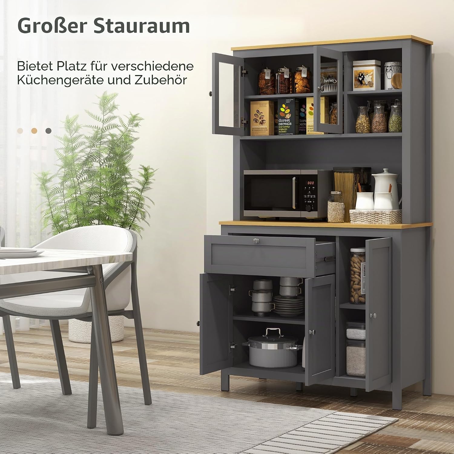 HOMCOM Küchenschrank Küchenbuffet Geschirrschrank Aufbewahrungsmöbel im modernen Stil mit 3 Schränken, Schublade, Nischen, Kabeldurchlass, verstellbaren Regalen und Glastüren, 100 x 40 x 180 cm, grau — Ansicht 4