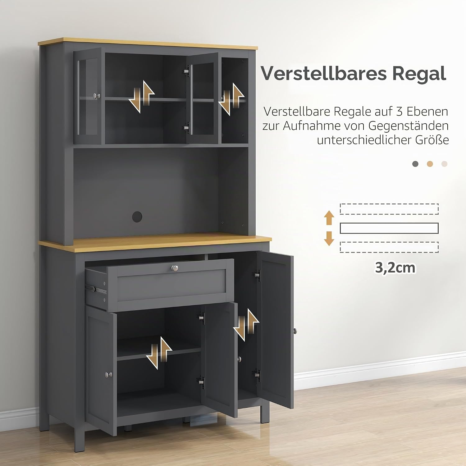 HOMCOM Küchenschrank Küchenbuffet Geschirrschrank Aufbewahrungsmöbel im modernen Stil mit 3 Schränken, Schublade, Nischen, Kabeldurchlass, verstellbaren Regalen und Glastüren, 100 x 40 x 180 cm, grau — Ansicht 5