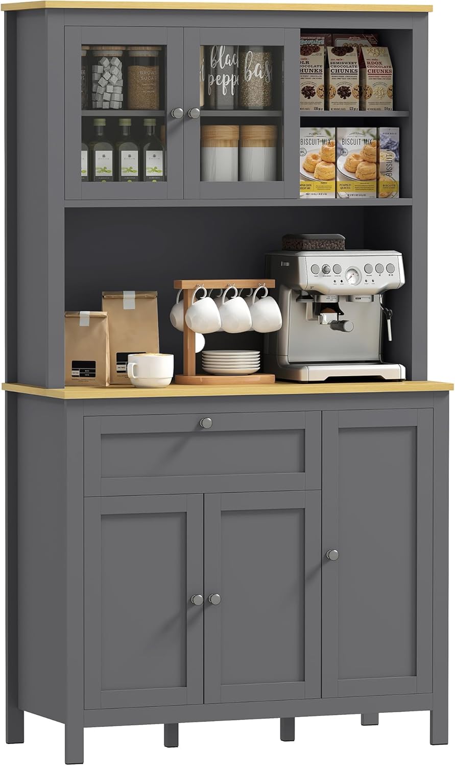 HOMCOM Küchenschrank Küchenbuffet Geschirrschrank Aufbewahrungsmöbel im modernen Stil mit 3 Schränken, Schublade, Nischen, Kabeldurchlass, verstellbaren Regalen und Glastüren, 100 x 40 x 180 cm, grau