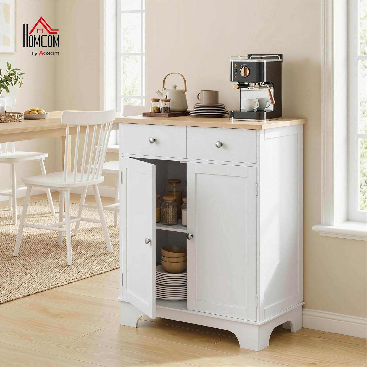 HOMCOM Küchenschrank Sideboard mit 2 Schubladen, Kommode, Aufbewahrungsschrank, MDF, Weiß, 68 x 40,3 x 85 cm — Ansicht 2
