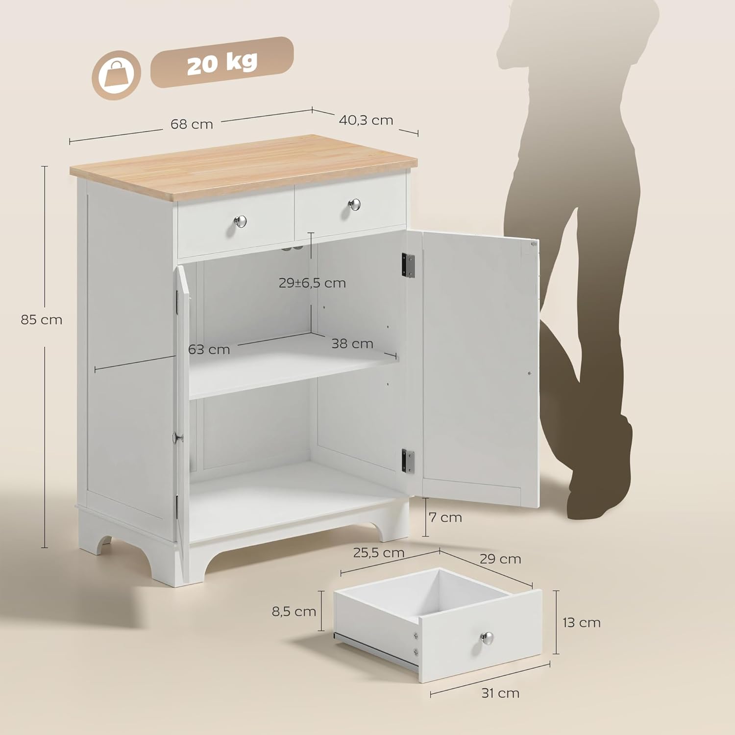 HOMCOM Küchenschrank Sideboard mit 2 Schubladen, Kommode, Aufbewahrungsschrank, MDF, Weiß, 68 x 40,3 x 85 cm — Ansicht 3