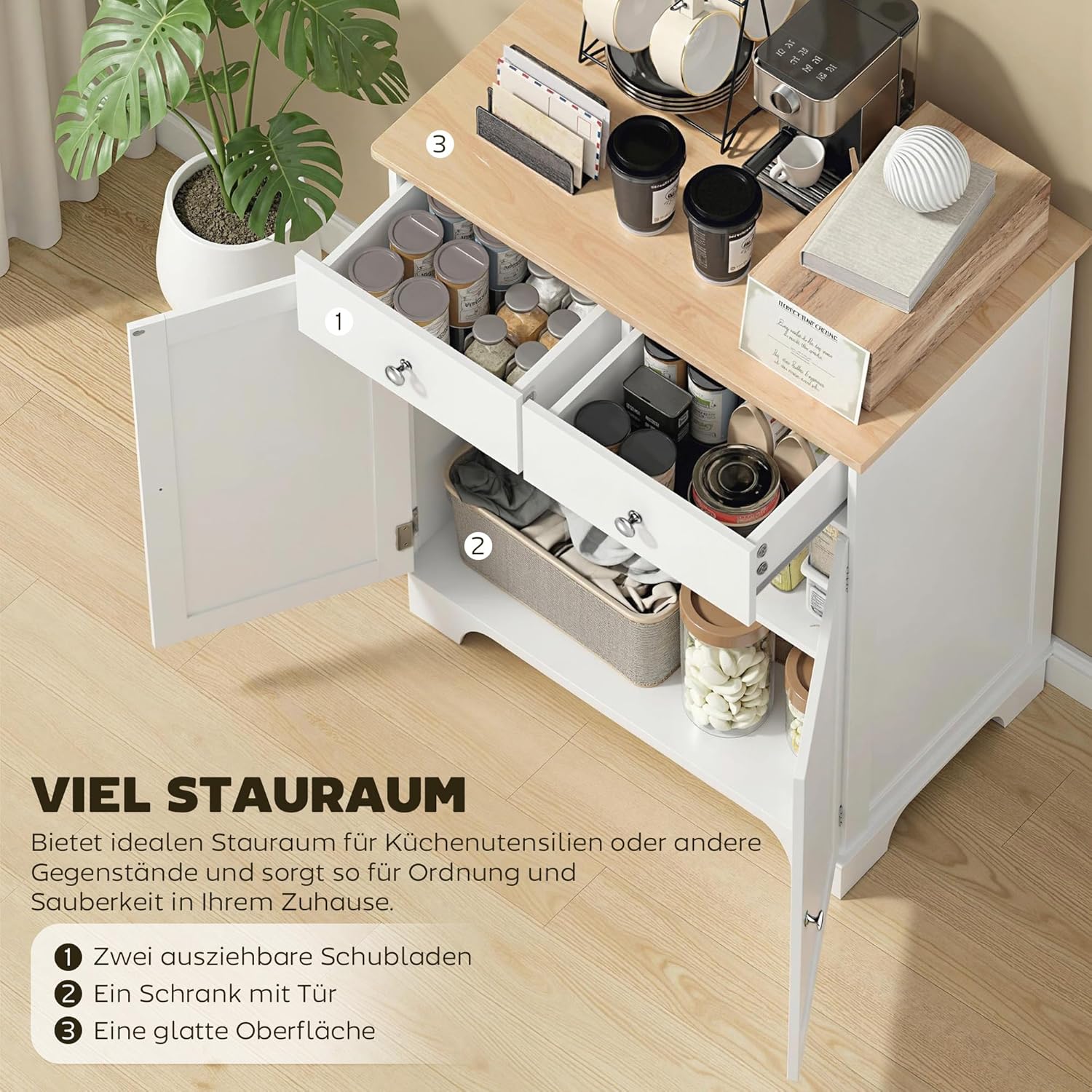 HOMCOM Küchenschrank Sideboard mit 2 Schubladen, Kommode, Aufbewahrungsschrank, MDF, Weiß, 68 x 40,3 x 85 cm — Ansicht 4