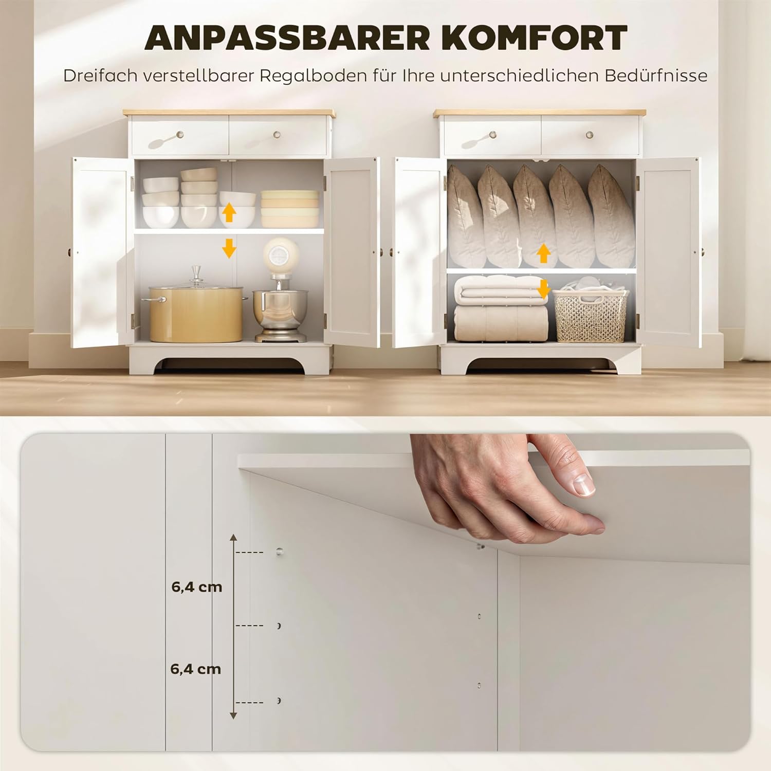 HOMCOM Küchenschrank Sideboard mit 2 Schubladen, Kommode, Aufbewahrungsschrank, MDF, Weiß, 68 x 40,3 x 85 cm — Ansicht 6