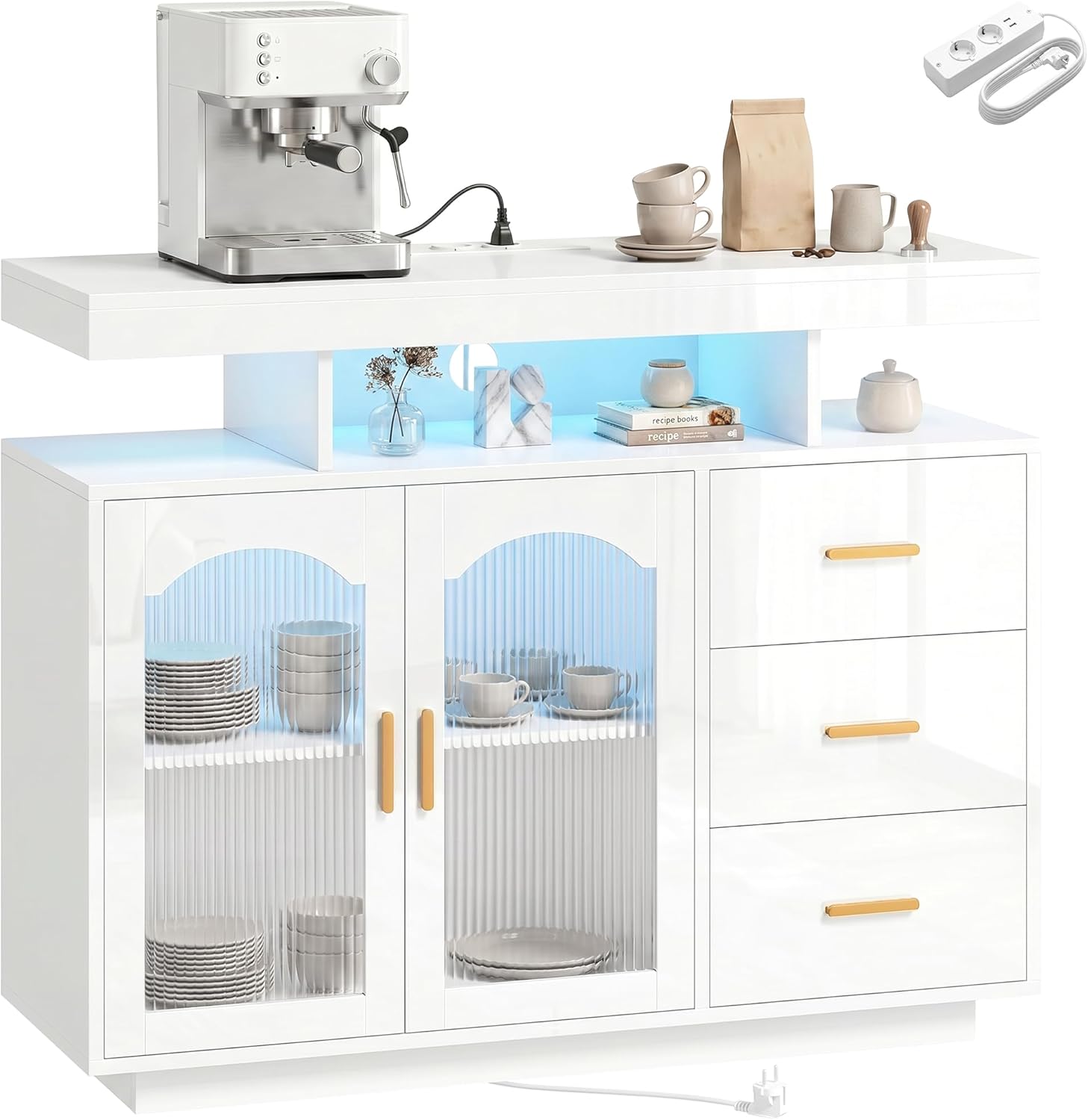 HOMCOM Küchenschrank, Sideboard mit LED, Steckdosen, 3 Schubladen, 2 Acryl-Türen Buffetschrank mit Soft-Close-Funktion für Küche, Esszimmer 100x35x80 cm, Hochglanz Weiß
