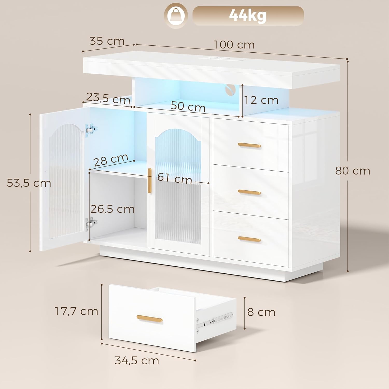 HOMCOM Küchenschrank, Sideboard mit LED, Steckdosen, 3 Schubladen, 2 Acryl-Türen Buffetschrank mit Soft-Close-Funktion für Küche, Esszimmer 100x35x80 cm, Hochglanz Weiß — Ansicht 3