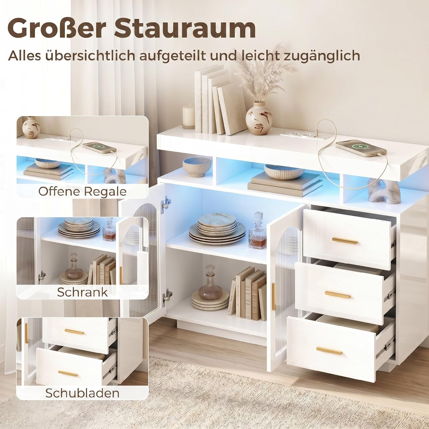 HOMCOM Küchenschrank, Sideboard mit LED, Steckdosen, 3 Schubladen, 2 Acryl-Türen Buffetschrank mit Soft-Close-Funktion für Küche, Esszimmer 100x35x80 cm, Hochglanz Weiß — Ansicht 4