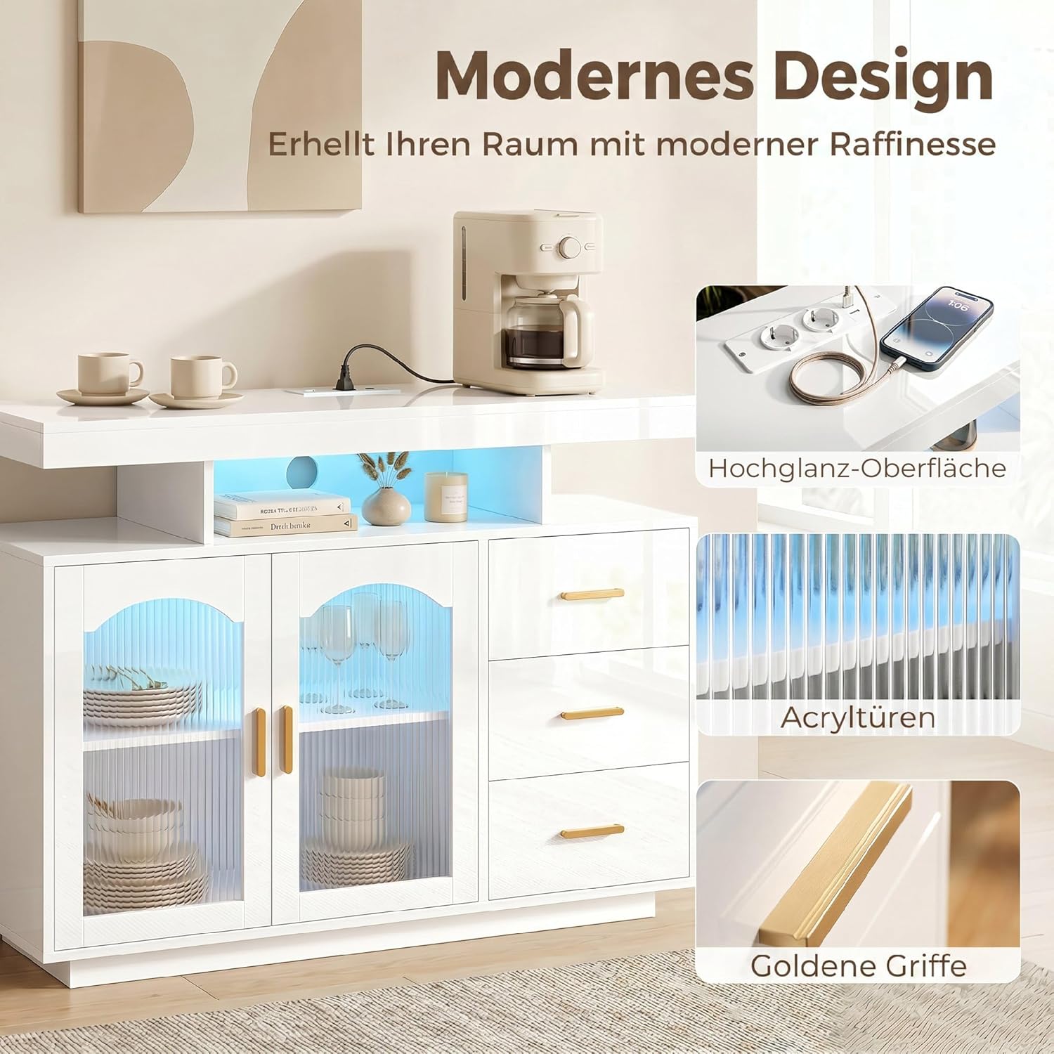 HOMCOM Küchenschrank, Sideboard mit LED, Steckdosen, 3 Schubladen, 2 Acryl-Türen Buffetschrank mit Soft-Close-Funktion für Küche, Esszimmer 100x35x80 cm, Hochglanz Weiß — Ansicht 5