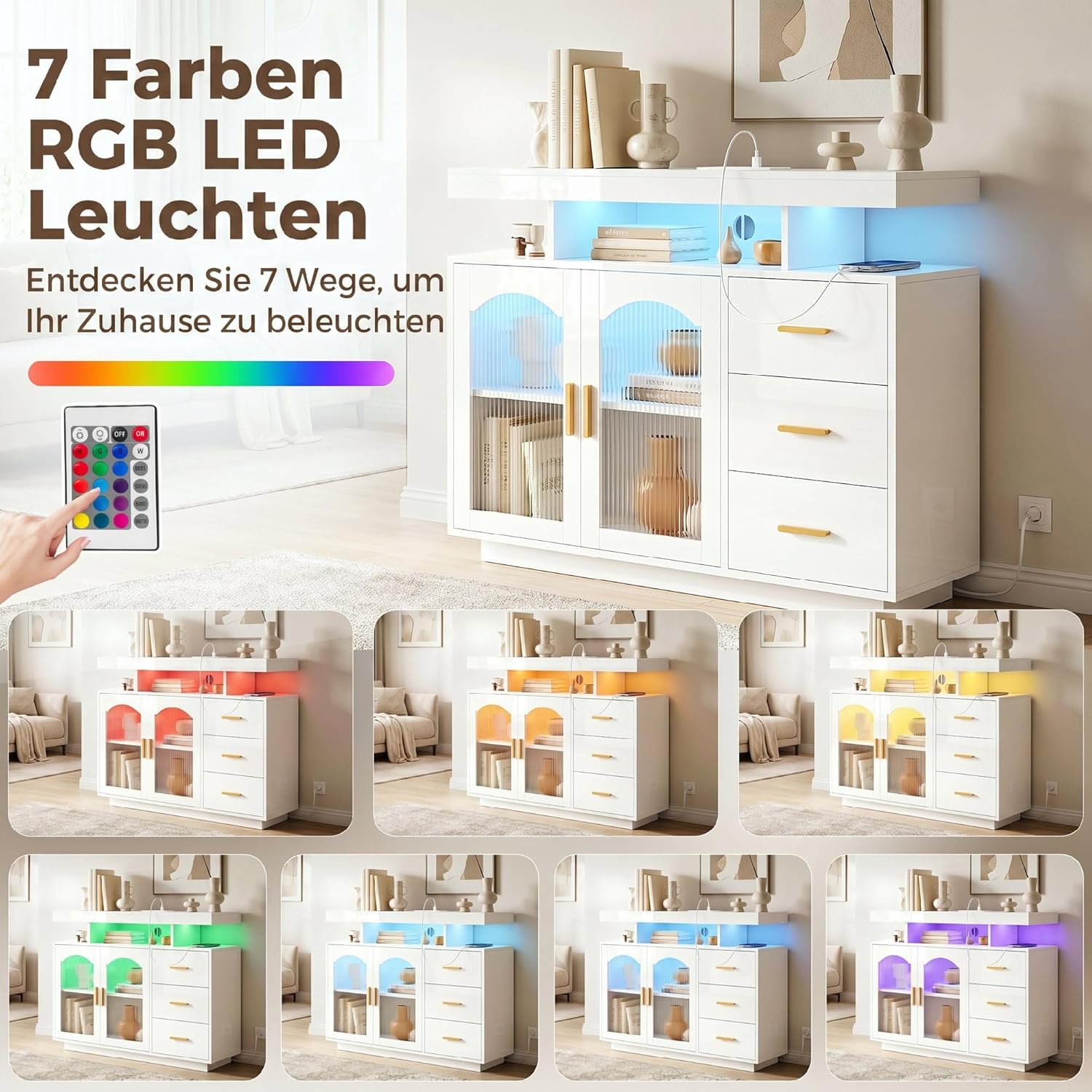 HOMCOM Küchenschrank, Sideboard mit LED, Steckdosen, 3 Schubladen, 2 Acryl-Türen Buffetschrank mit Soft-Close-Funktion für Küche, Esszimmer 100x35x80 cm, Hochglanz Weiß — Ansicht 6