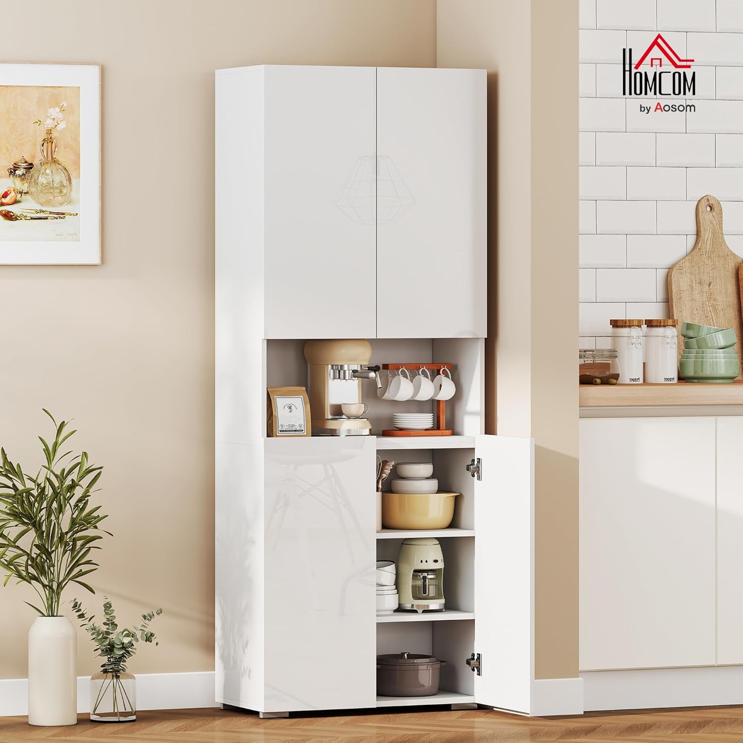 HOMCOM Küchenschrank Vorratsschrank Hochschrank mit Offenem Fach, 4 Türen, Verstellbaren Einlegeböden, Mehrzweckschrank mit Soft-Close-Funktion, für Esszimmer, Hochglanz Weiß 68x34x180cm — Ansicht 2