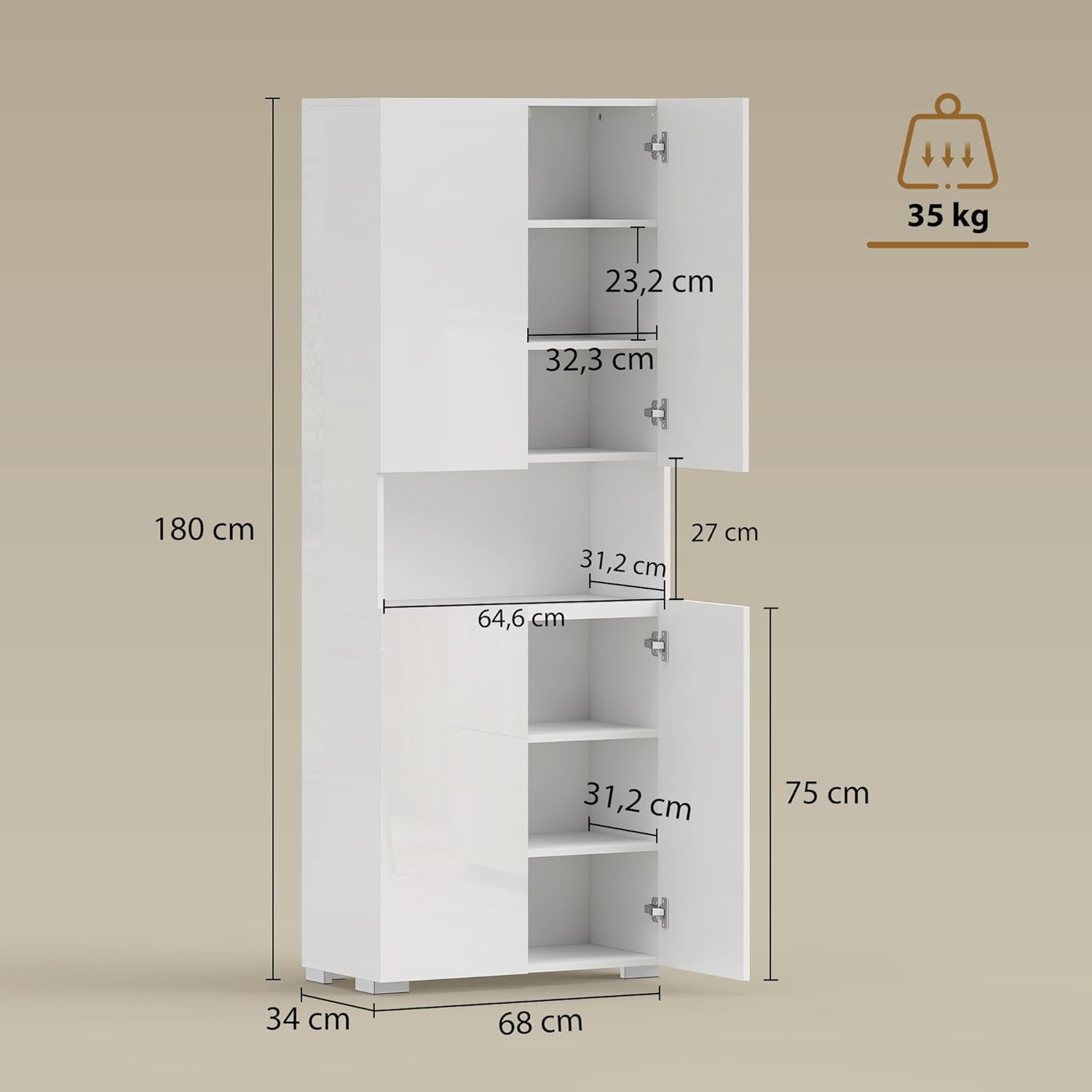 HOMCOM Küchenschrank Vorratsschrank Hochschrank mit Offenem Fach, 4 Türen, Verstellbaren Einlegeböden, Mehrzweckschrank mit Soft-Close-Funktion, für Esszimmer, Hochglanz Weiß 68x34x180cm — Ansicht 3