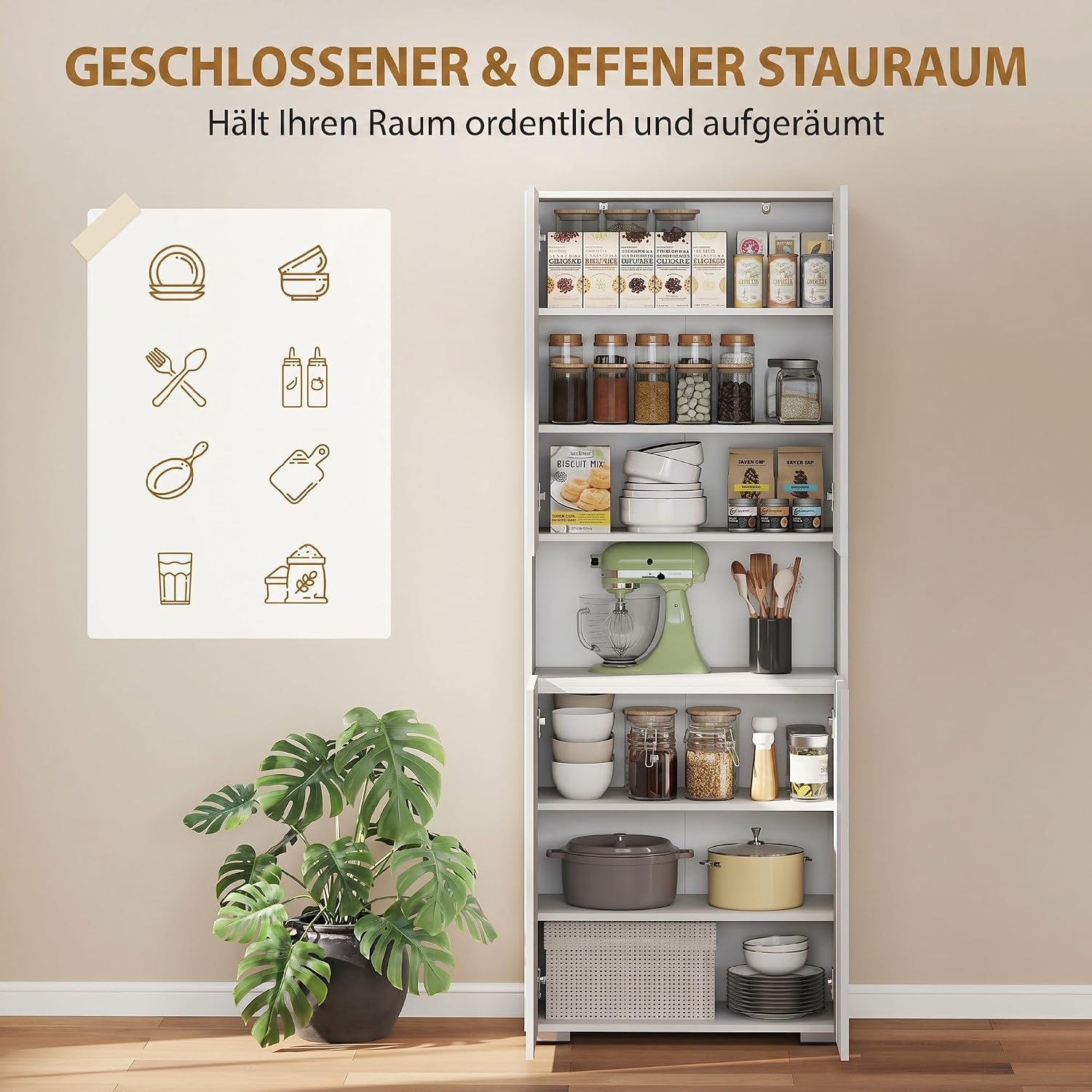 HOMCOM Küchenschrank Vorratsschrank Hochschrank mit Offenem Fach, 4 Türen, Verstellbaren Einlegeböden, Mehrzweckschrank mit Soft-Close-Funktion, für Esszimmer, Hochglanz Weiß 68x34x180cm — Ansicht 5