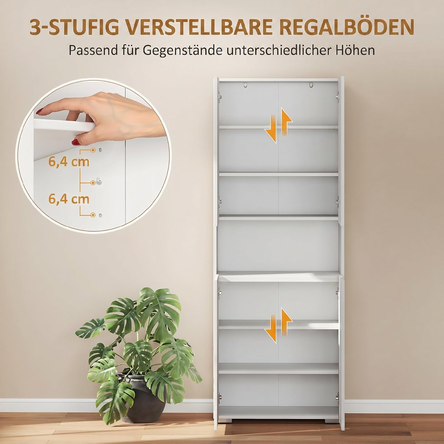 HOMCOM Küchenschrank Vorratsschrank Hochschrank mit Offenem Fach, 4 Türen, Verstellbaren Einlegeböden, Mehrzweckschrank mit Soft-Close-Funktion, für Esszimmer, Hochglanz Weiß 68x34x180cm — Ansicht 6