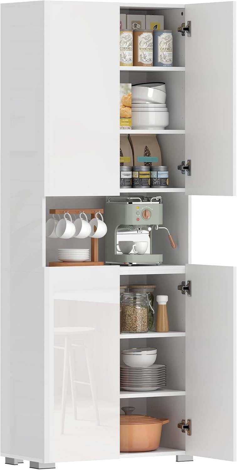 HOMCOM Küchenschrank Vorratsschrank Hochschrank mit Offenem Fach, 4 Türen, Verstellbaren Einlegeböden, Mehrzweckschrank mit Soft-Close-Funktion, für Esszimmer, Hochglanz Weiß 68x34x180cm