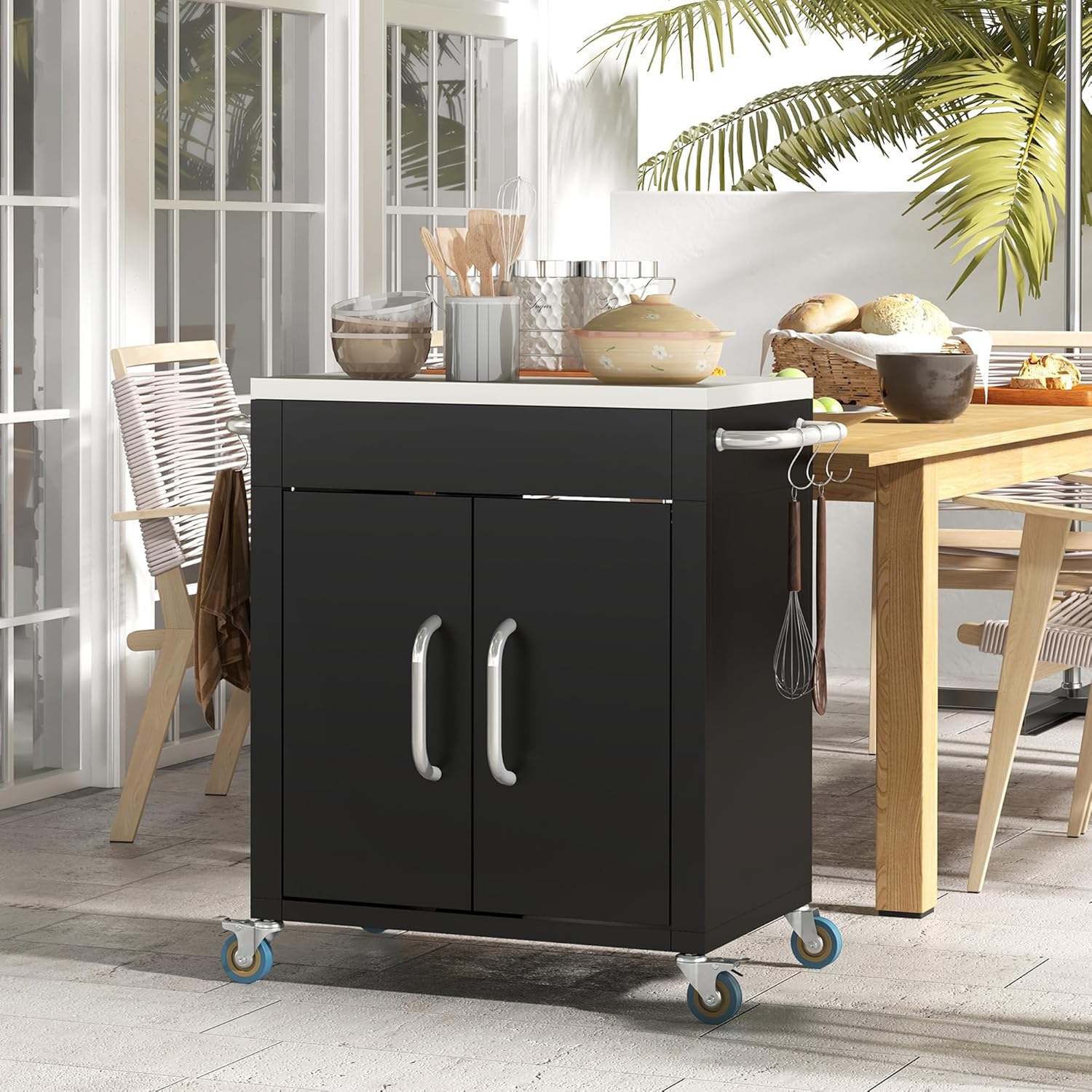 HOMCOM Küchenwagen mit Rollen, Servierwagen, Küchentrolley mit Schrank, Haken und Edelstahlgriffe, Rollwagen, Küchenhilfe, Schwarz, 86 x 50 x 86,5 cm — Ansicht 2