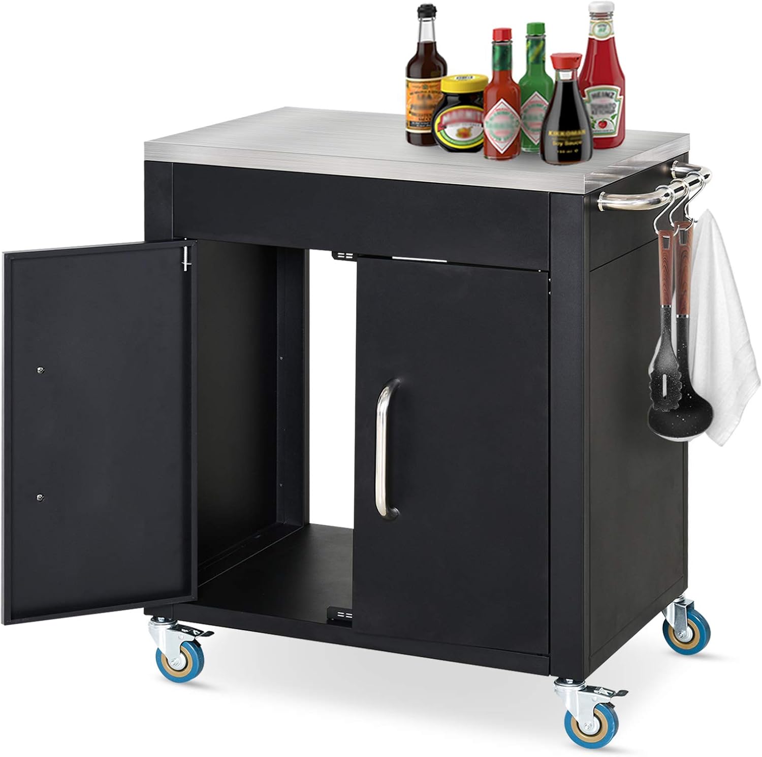HOMCOM Küchenwagen mit Rollen, Servierwagen, Küchentrolley mit Schrank, Haken und Edelstahlgriffe, Rollwagen, Küchenhilfe, Schwarz, 86 x 50 x 86,5 cm