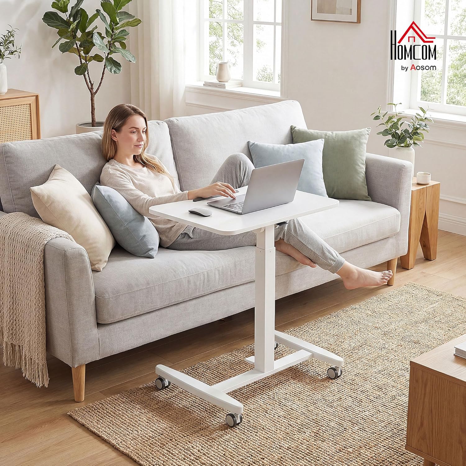 HOMCOM Laptoptisch Höhenverstellbar Bestelltisch Schreibtisch mit Rollen, Neigbarer 60x52cm Tischplatte, Computertisch mit Sicherheitsstopper, Mobiler Stehpult Pneumatisch für Büro, Sofa, Bett, Weiß — Ansicht 2