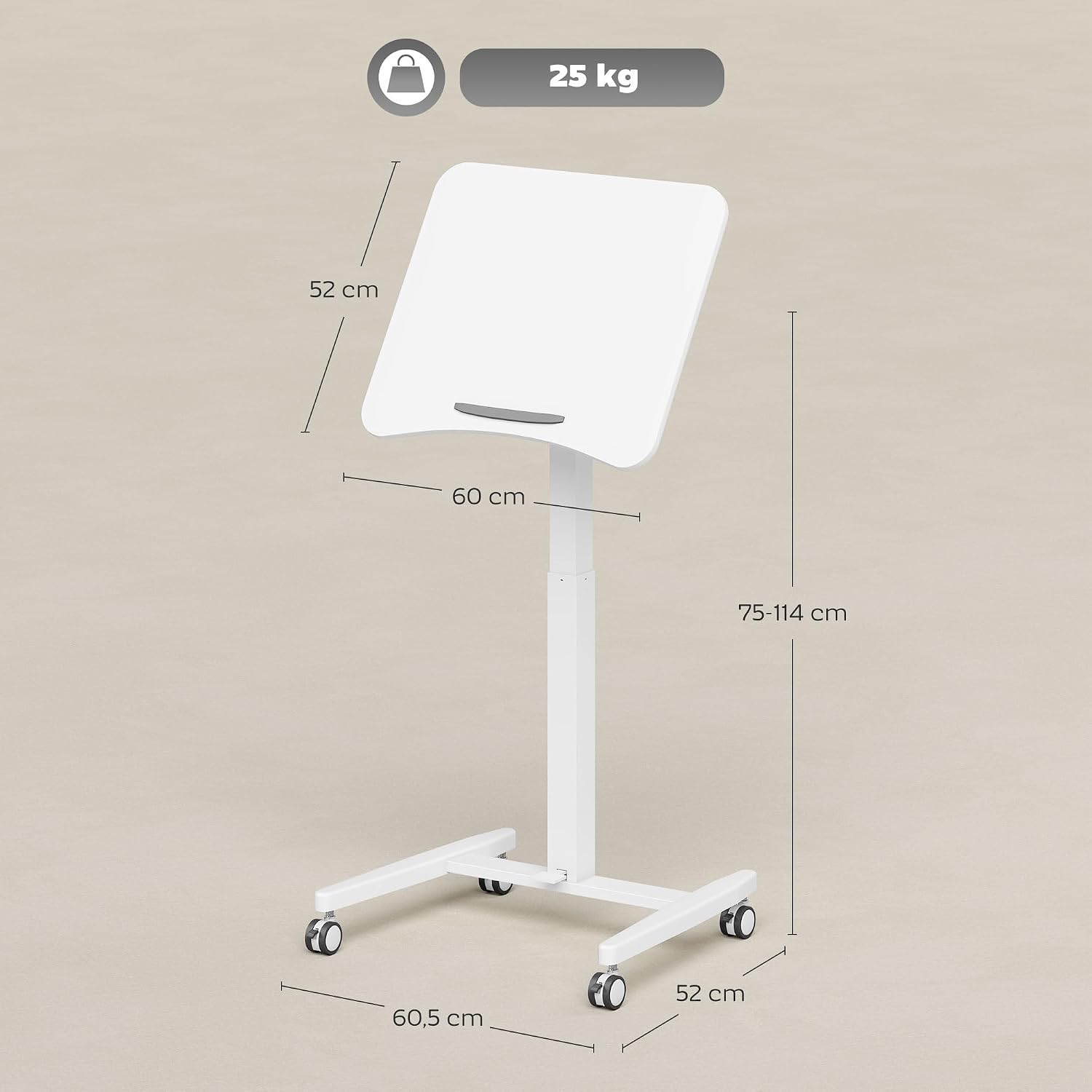 HOMCOM Laptoptisch Höhenverstellbar Bestelltisch Schreibtisch mit Rollen, Neigbarer 60x52cm Tischplatte, Computertisch mit Sicherheitsstopper, Mobiler Stehpult Pneumatisch für Büro, Sofa, Bett, Weiß — Ansicht 3