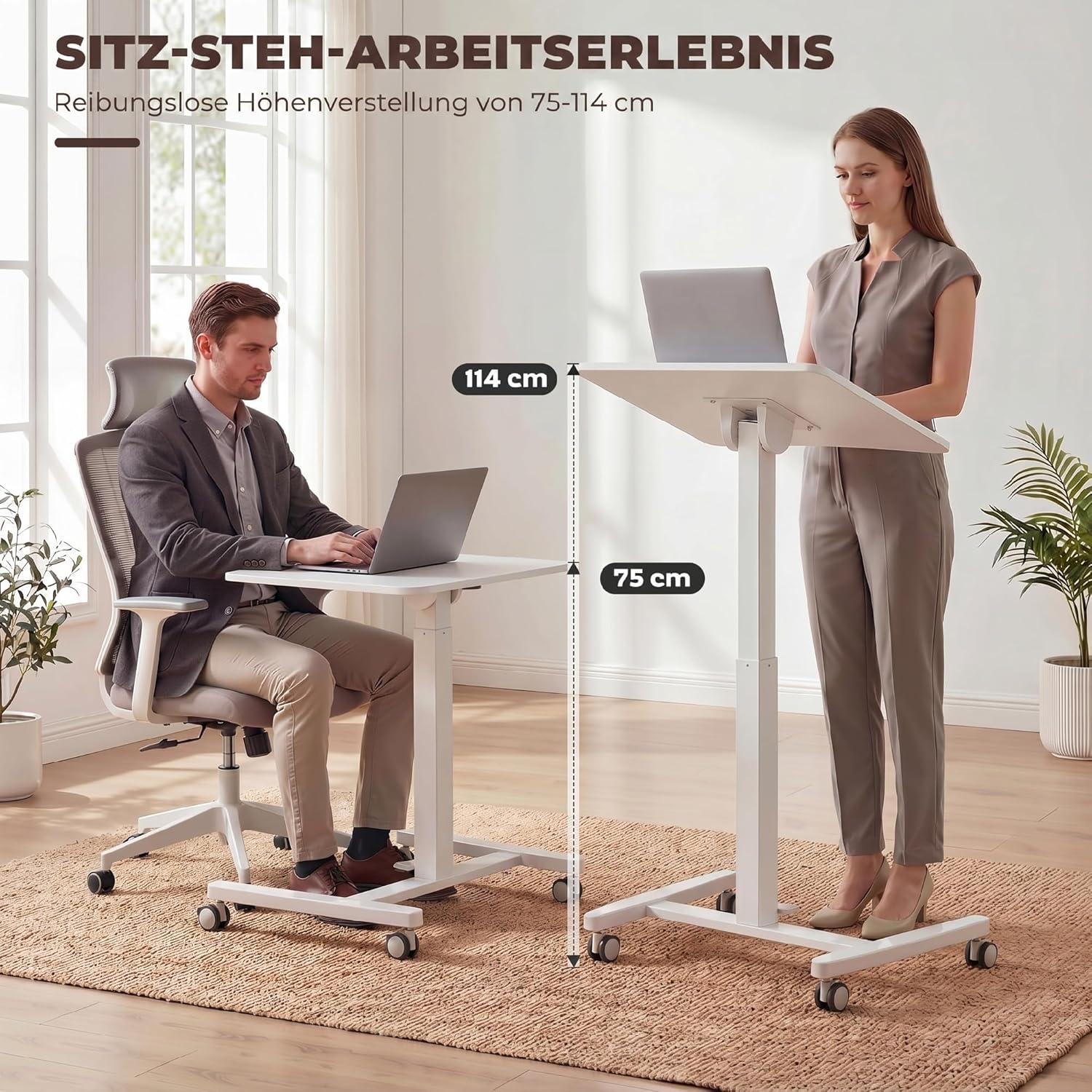 HOMCOM Laptoptisch Höhenverstellbar Bestelltisch Schreibtisch mit Rollen, Neigbarer 60x52cm Tischplatte, Computertisch mit Sicherheitsstopper, Mobiler Stehpult Pneumatisch für Büro, Sofa, Bett, Weiß — Ansicht 4