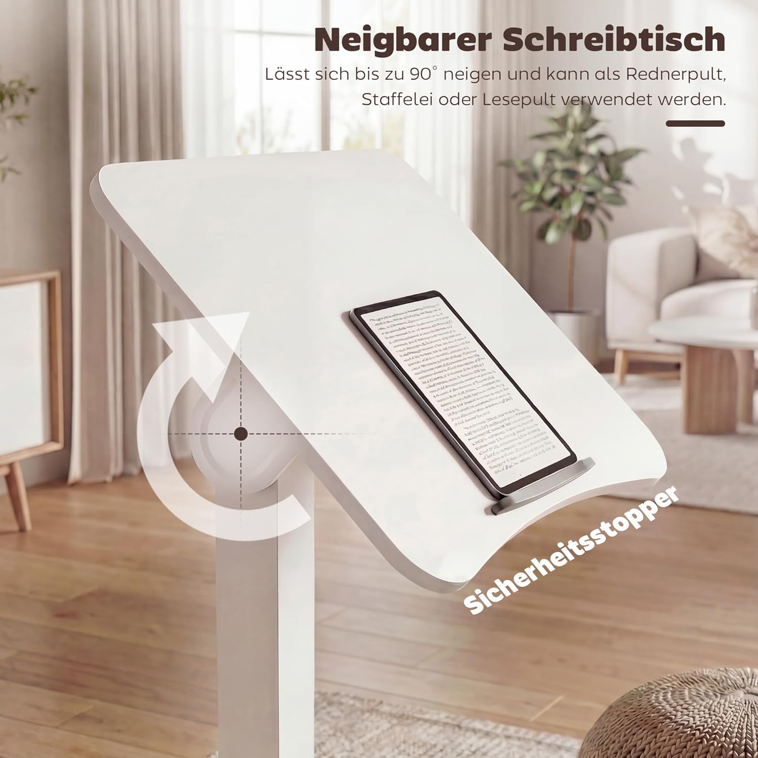 HOMCOM Laptoptisch Höhenverstellbar Bestelltisch Schreibtisch mit Rollen, Neigbarer 60x52cm Tischplatte, Computertisch mit Sicherheitsstopper, Mobiler Stehpult Pneumatisch für Büro, Sofa, Bett, Weiß — Ansicht 5